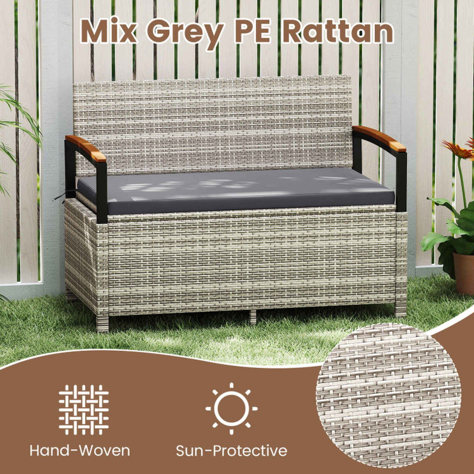 SUGIFT Gas Strut Lid 46-Gallon Acacia Armrests PE Rattan Storage Bench 47-in x 24-in x 33-in 800-lb Capacity Gray