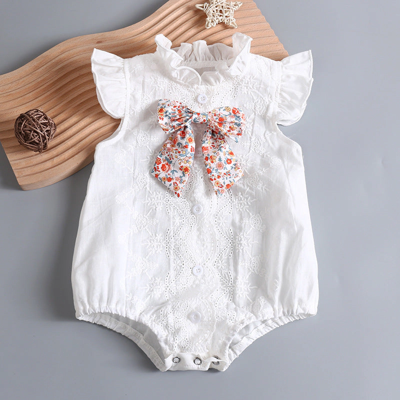 MyKids-USA Baby Girl Embroidery Pattern Round Neck Mullet Design Sleeveless Cardigan Onesies With Bow Decorations
