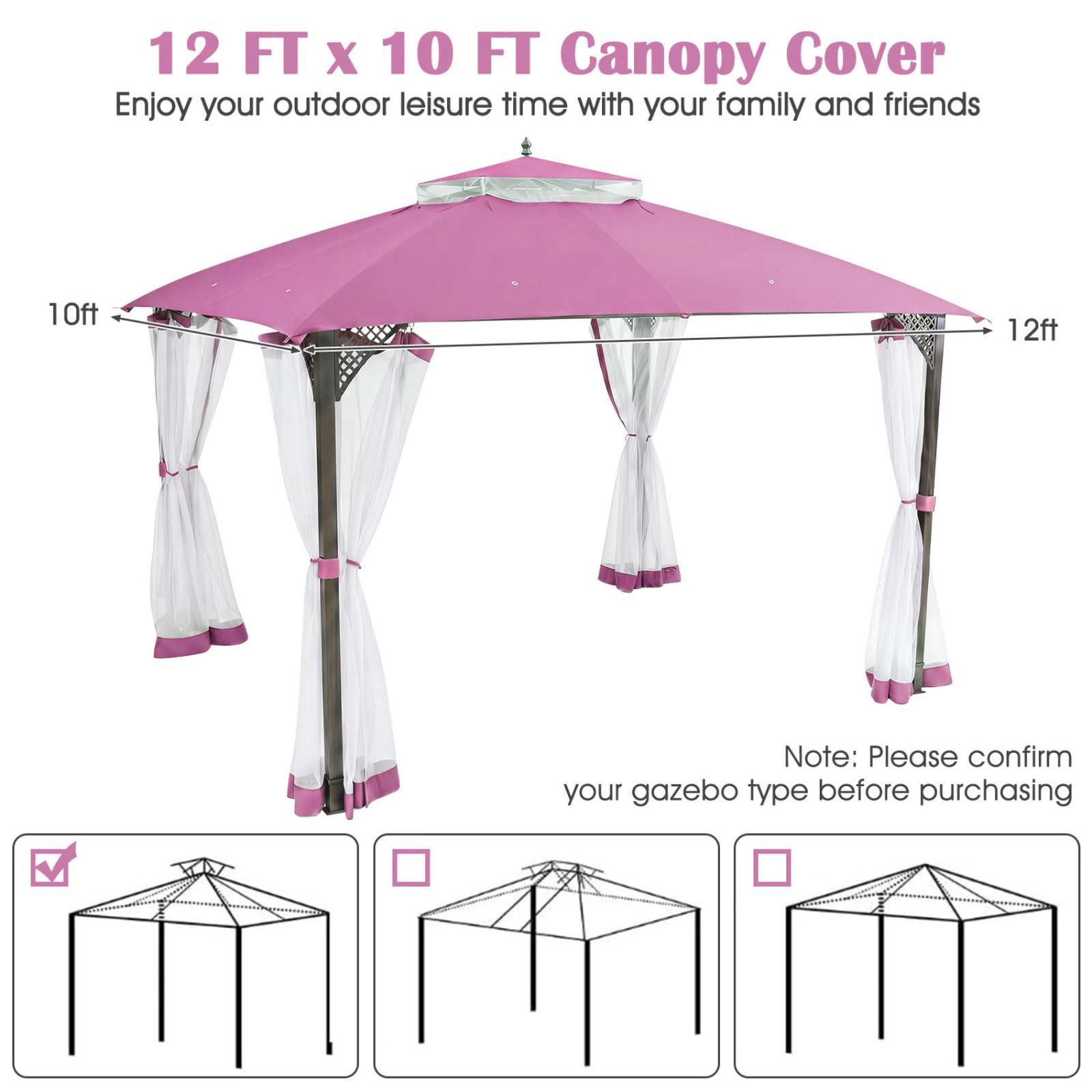SUGIFT 10-ft x 12-ft Pink Gazebo Replacement Canopy Cover with Double Roof Mesh Vent and Waterproof Top