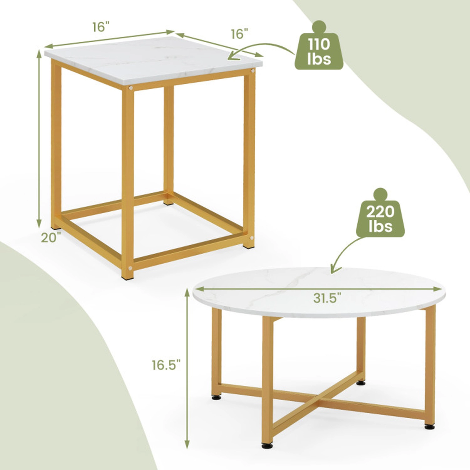 SUGIFT 3-Piece Coffee and End Table Set 220-lb Coffee Table Capacity 110-lb End Table Capacity White and Gold