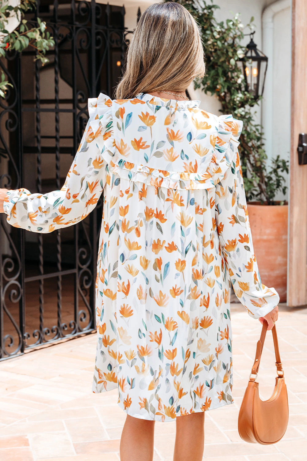 Threaded Pear Women's Katherine Floral Tie Neck Frilled Long Sleeve Dress