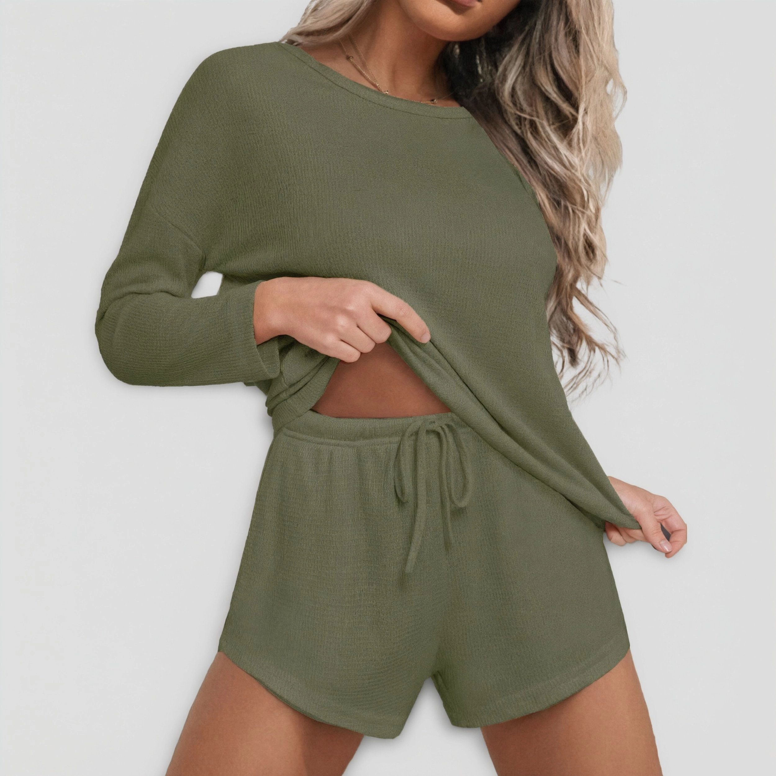 Women's Ekouaer Waffle Knit Long Sleeve Top & Shorts Pajama Set