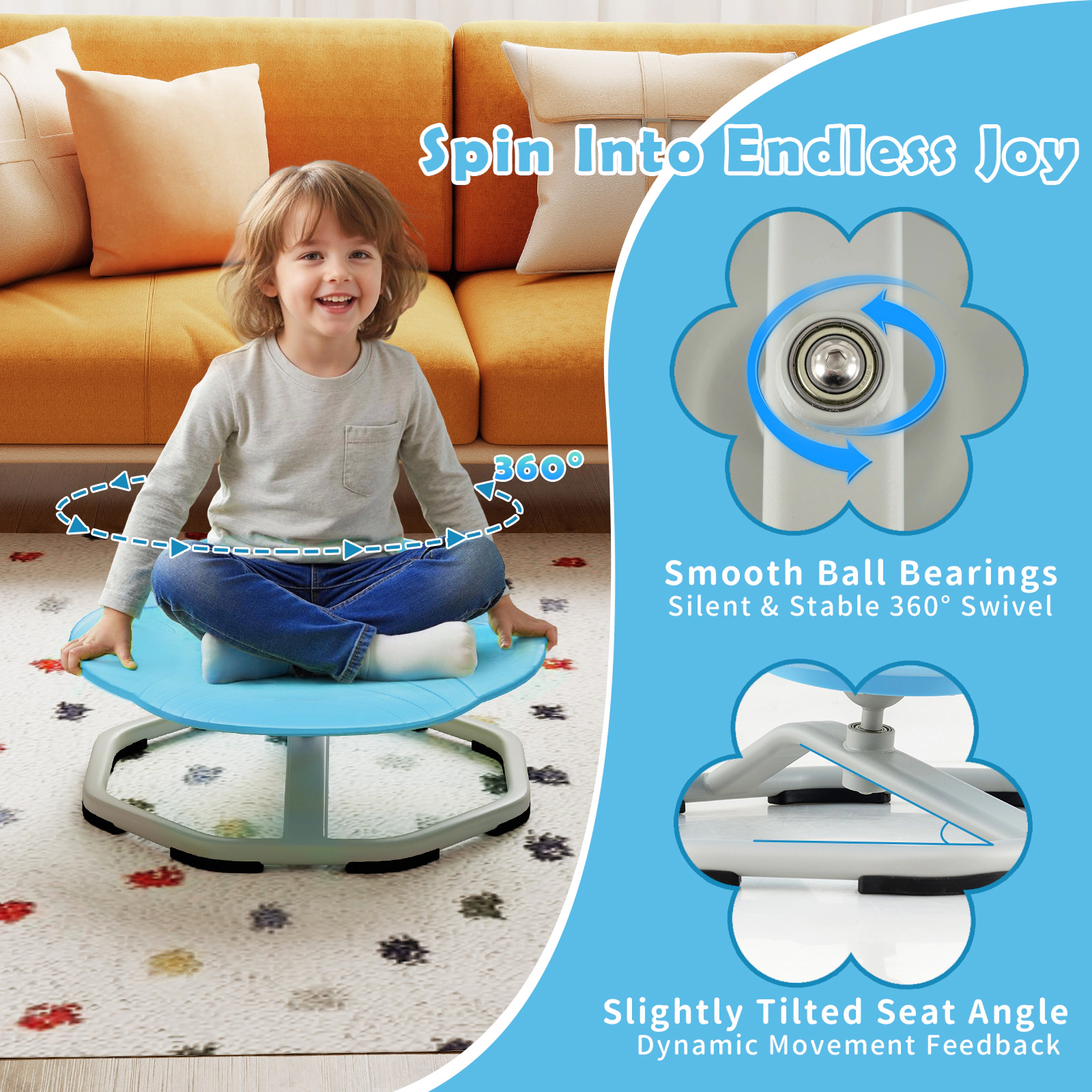 SUGIFT Blue Sit-and-Spin Chair for Kids, Swivel Sensory Seat, Metal Base, 220-Lb Capacity
