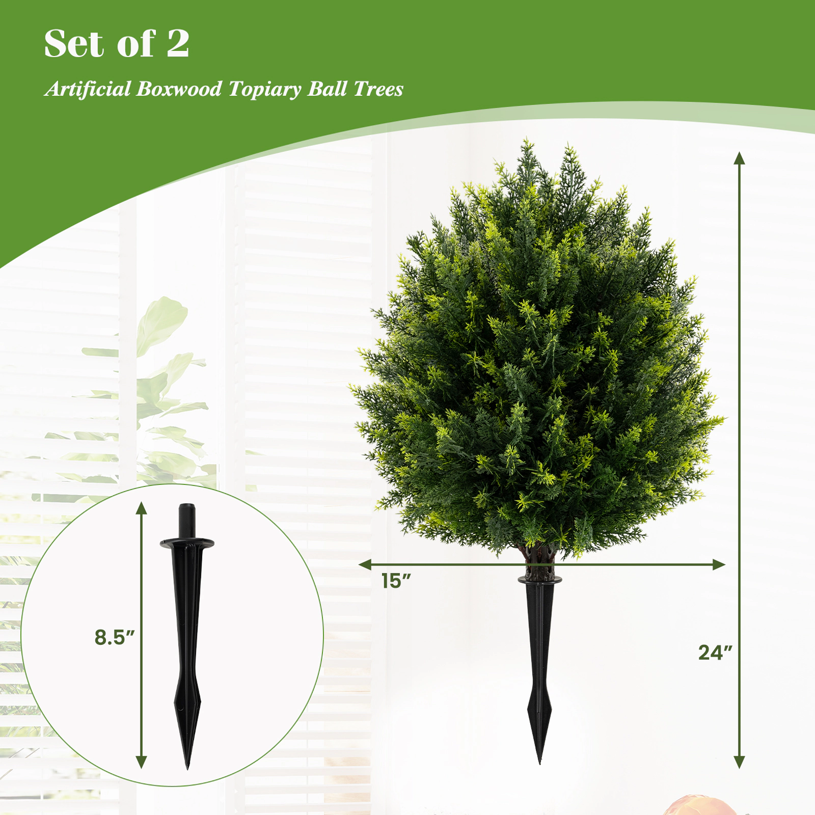 SlickBlue 2 Pieces Artificial Cypress Topiary Ball Trees with Ground Spike for Indoor and Outdoor