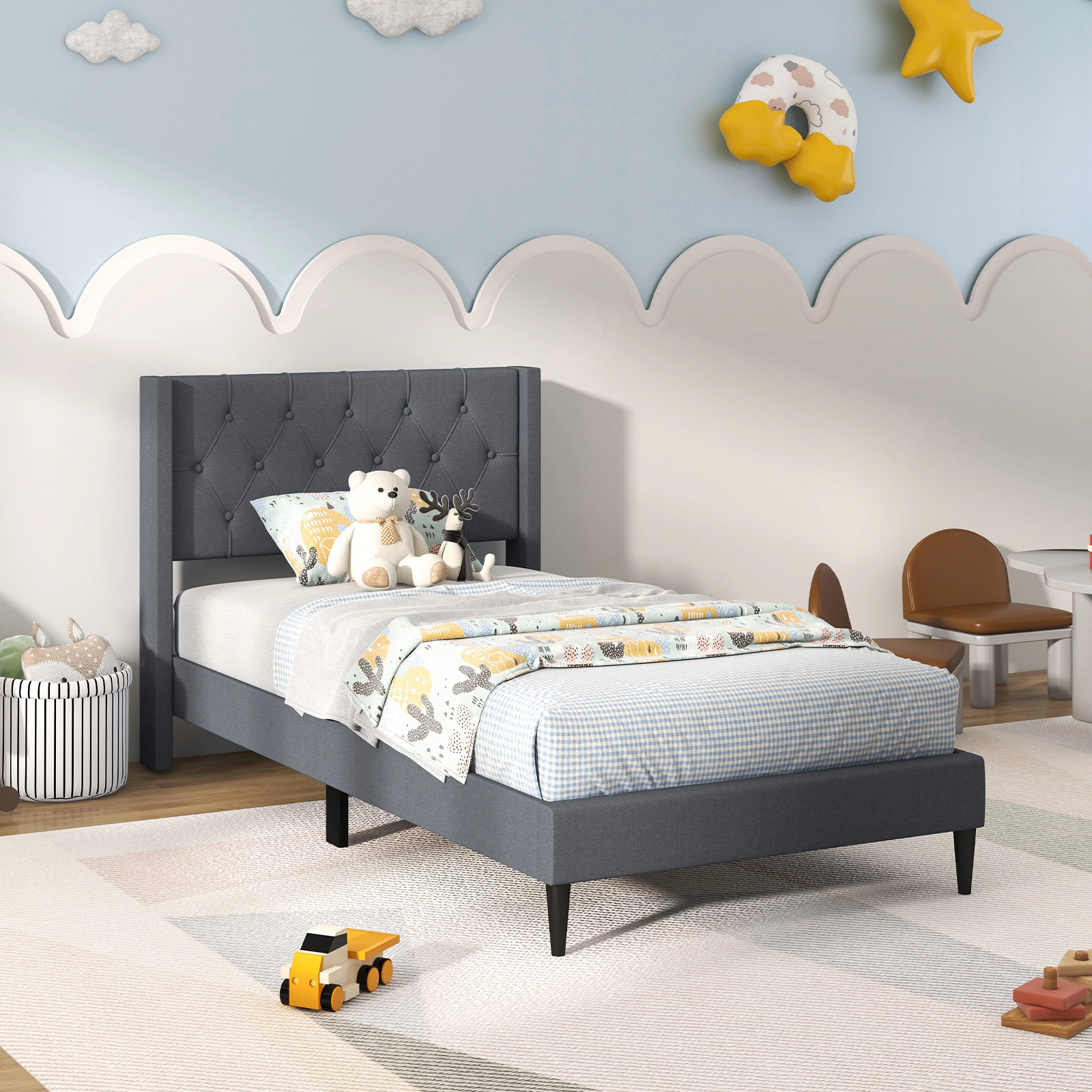 SUGIFT Button Tufted Wingback Upholstered Twin Platform Bed Frame Headboard 290-Lb Capacity 76-in Length 6-in Under-Bed