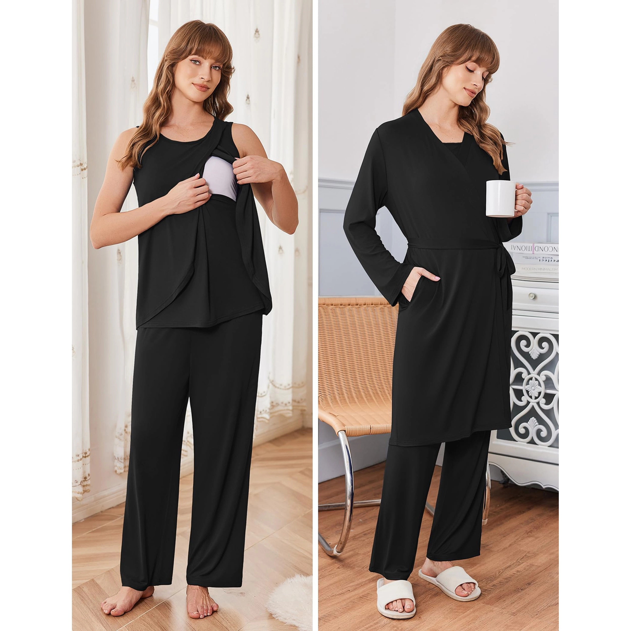 Ekouaer Women's 3 Piece Maternity Pajama Set Cardigan Top Floral Pants