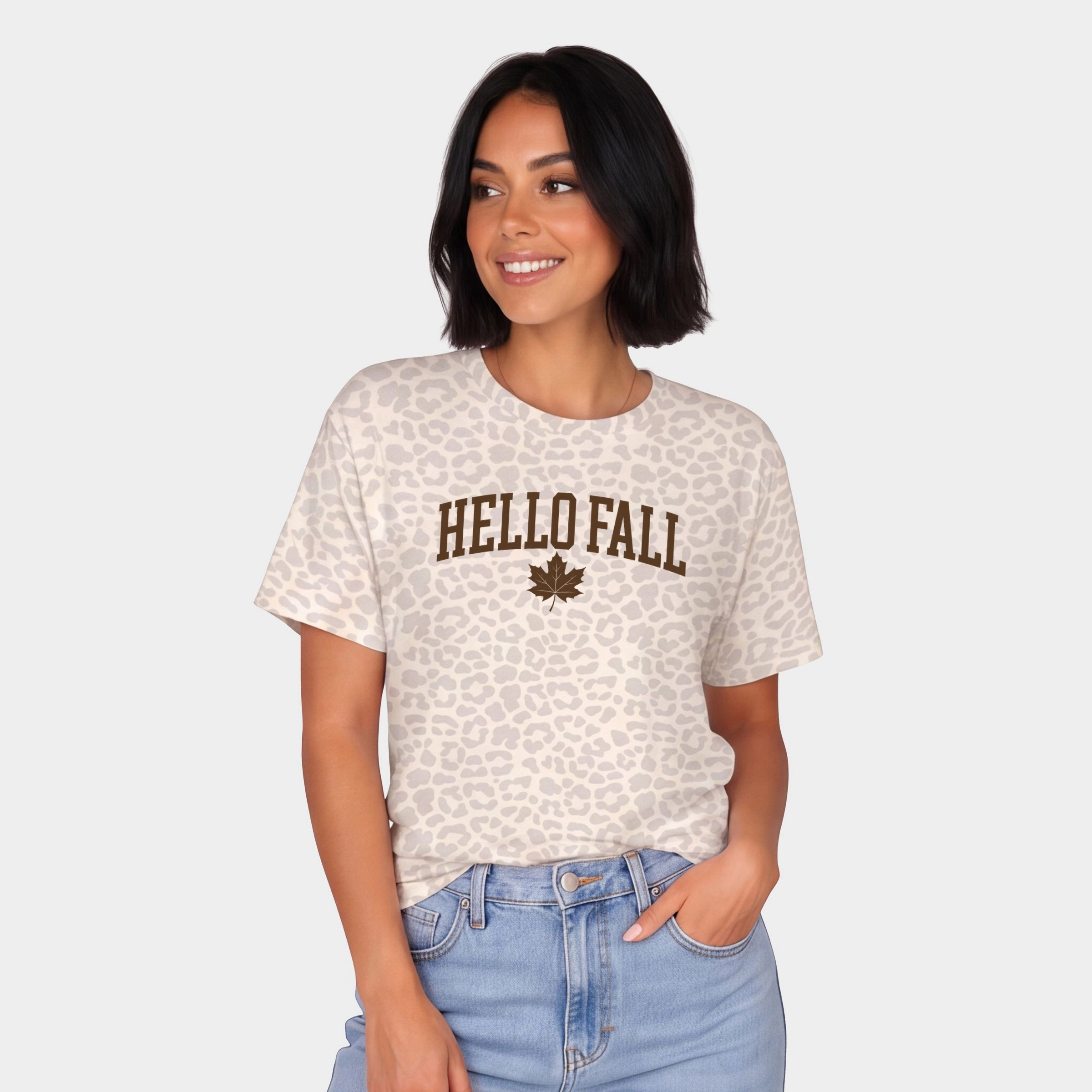 Simply Sage Market - Women's Leopard Print Tee Hello Fall Leaf
