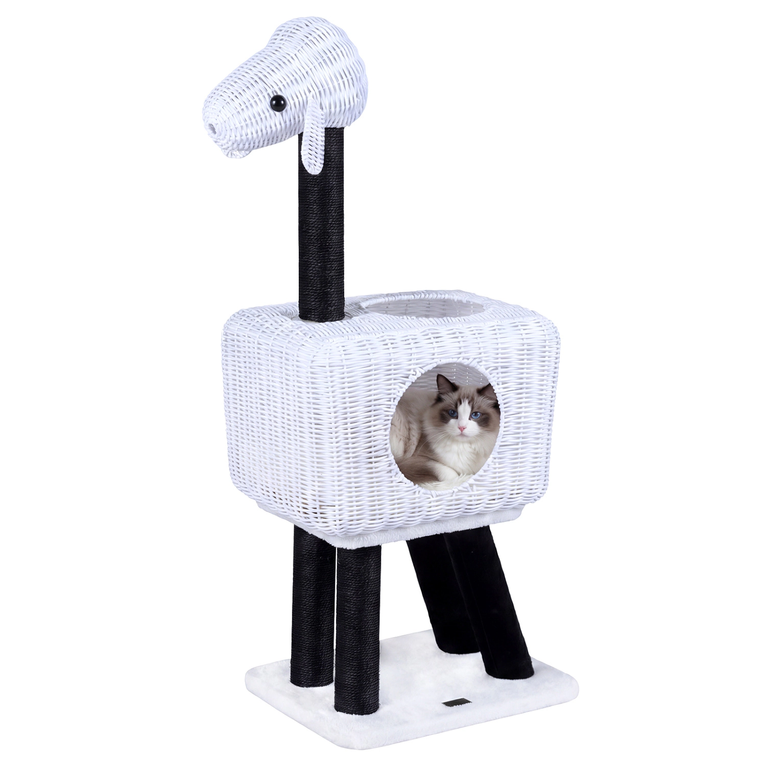 LJG 43-Inch Lamb-Shaped Cat Tower with 2-Door Rattan Condo for Indoor Kittens