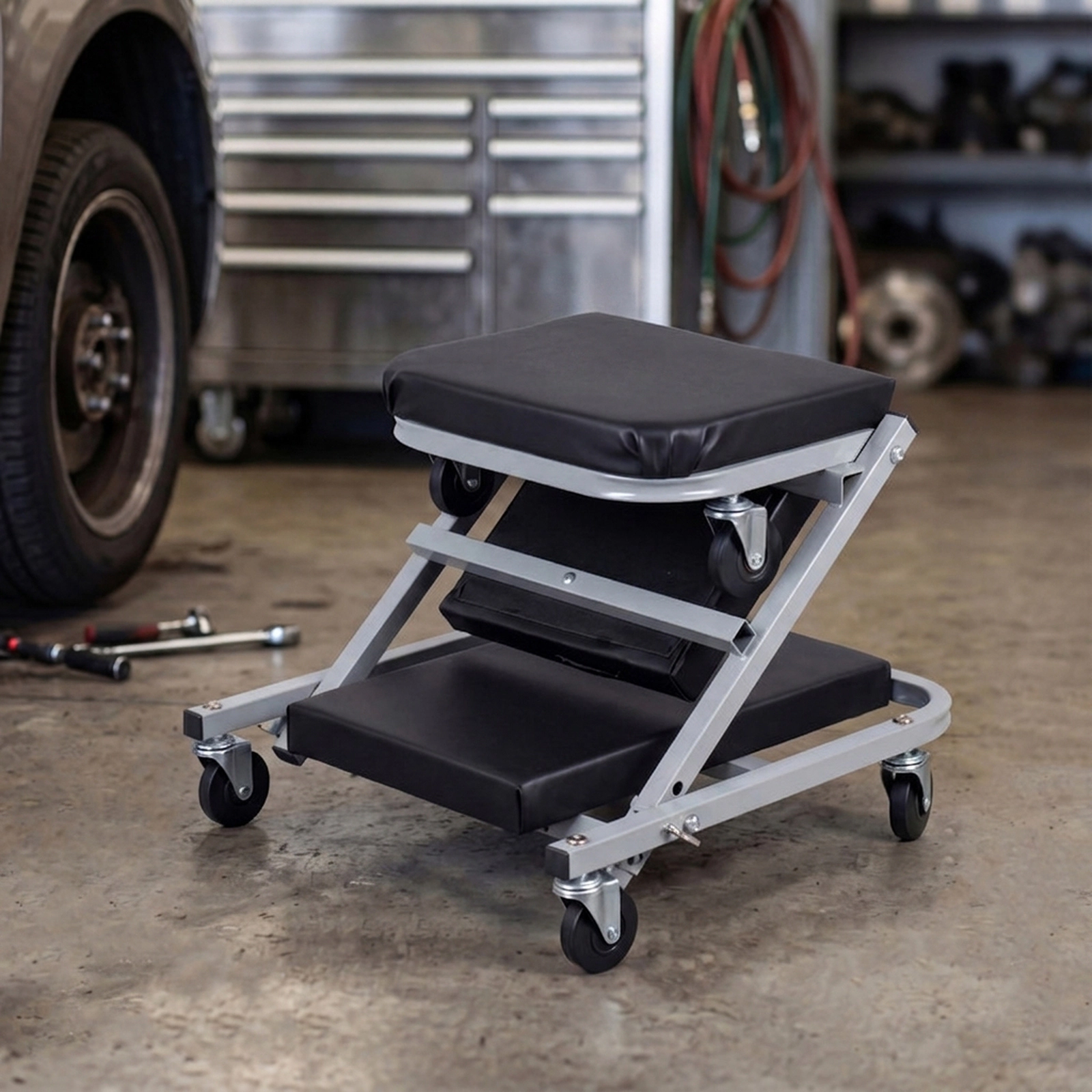 SUGIFT 2-in-1 Locking Pin Z-Seat Layered Padding Mechanic Creeper 36-in x 16-in x 5.5-in 265-lb Seat Capacity Black