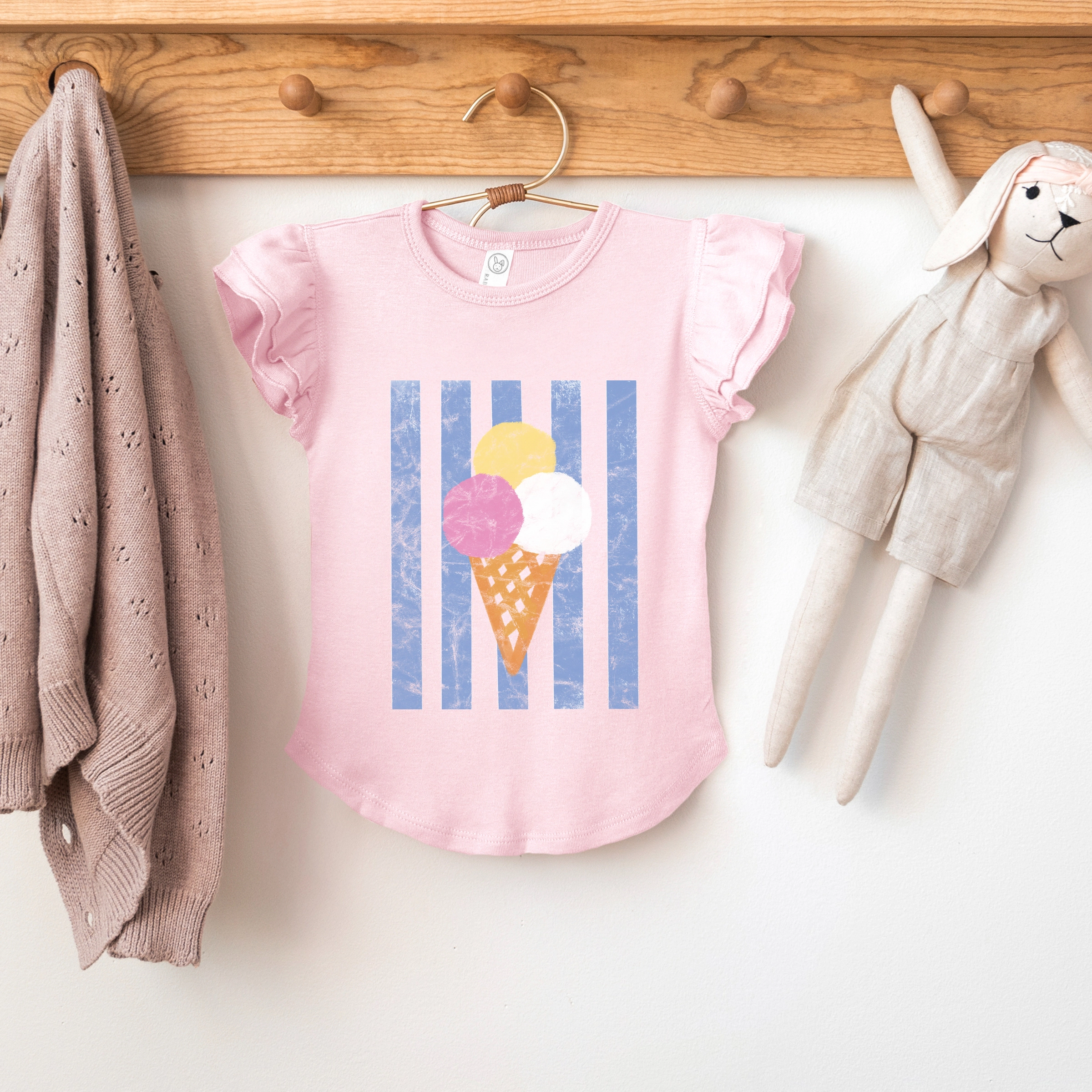 The Juniper Shop - Girl's Flutter Sleeve Graphic T-Shirt Ice Cream Cone Stripes