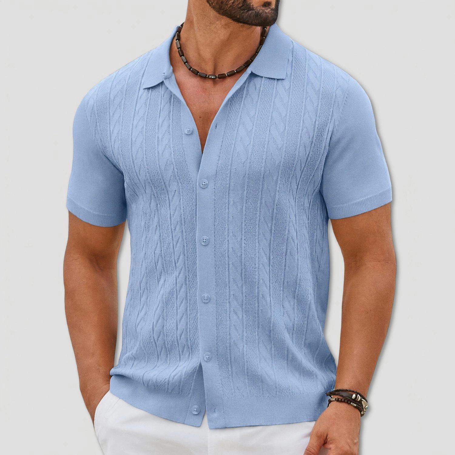 COOFANDY Mens Short Sleeve Button Down Shirts  V Neck Cable Knit Casual Tops