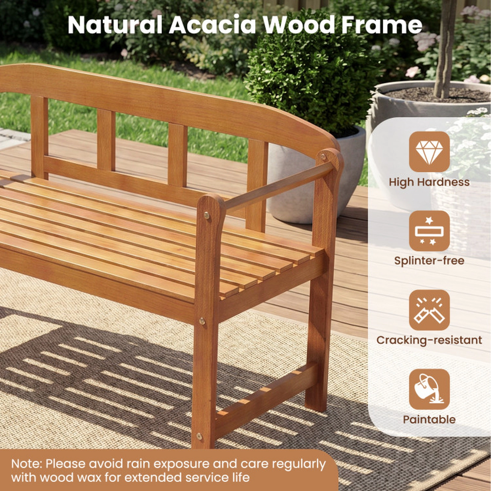 SUGIFT Natural Backrest and Armrests 2-Seater 46.5 Inch Outdoor Acacia Wood Garden Bench