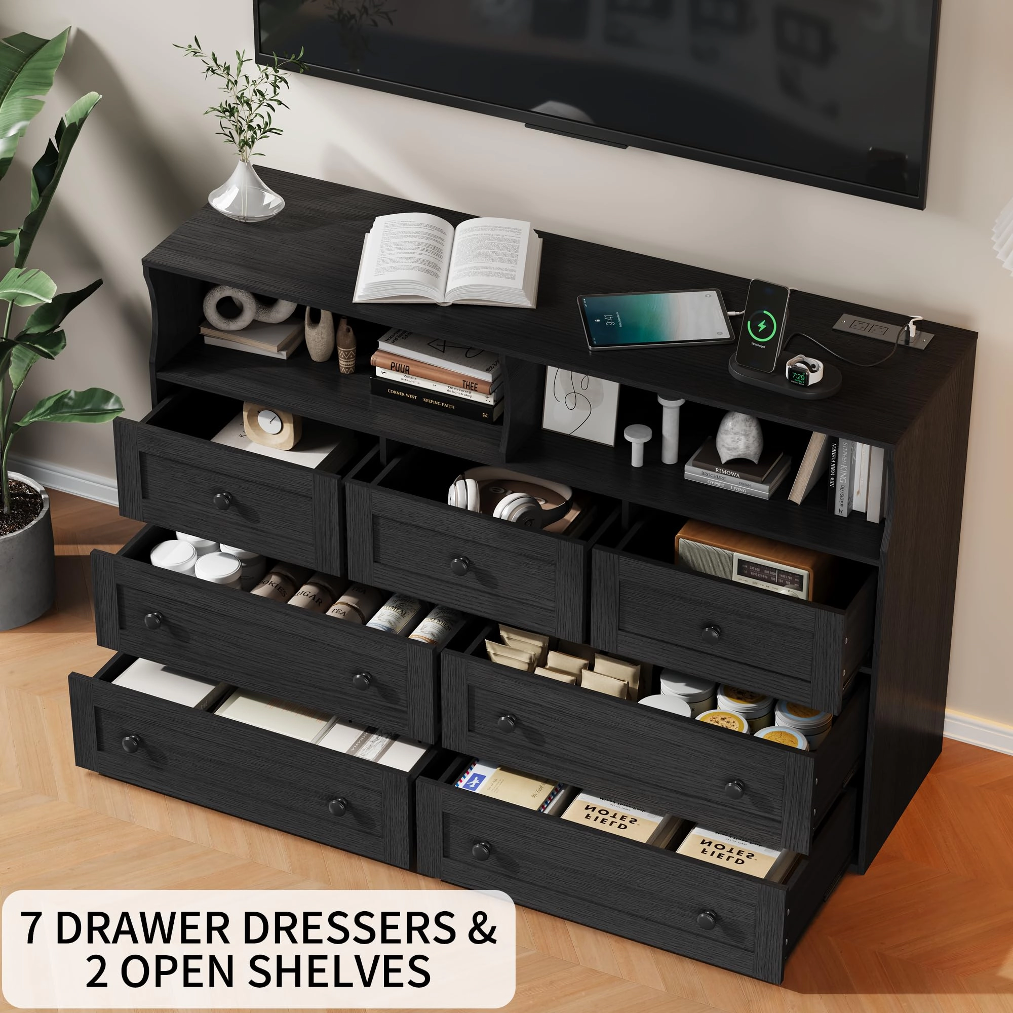 7 Drawer Dresser with LED Lights & Charging Station, Wood Storage Chest with Open Shelves