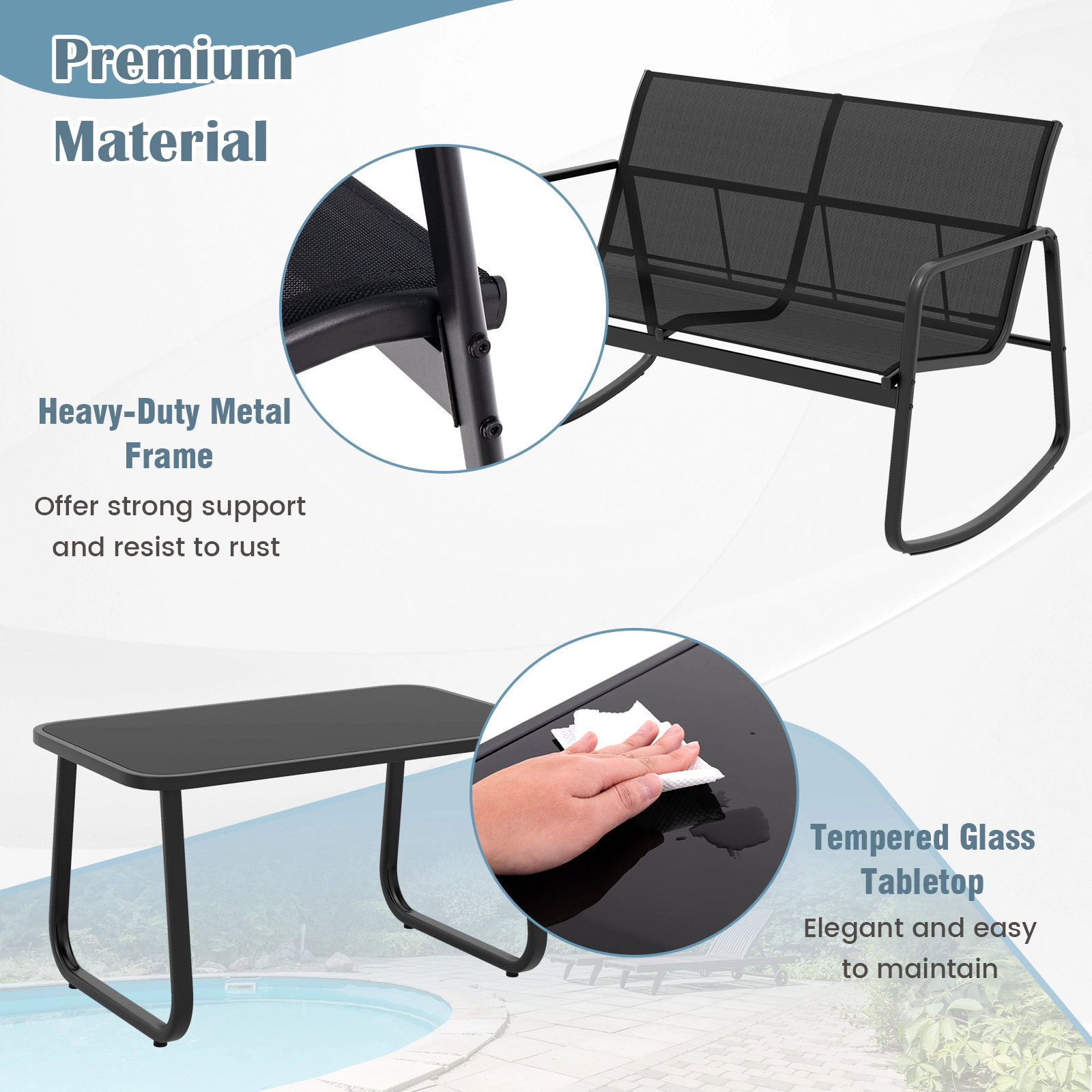 SUGIFT 4 Piece Metal Patio Rocking Conversation Set with Glass-Top Table 330-lb Chair 660-lb Loveseat Capacity Black