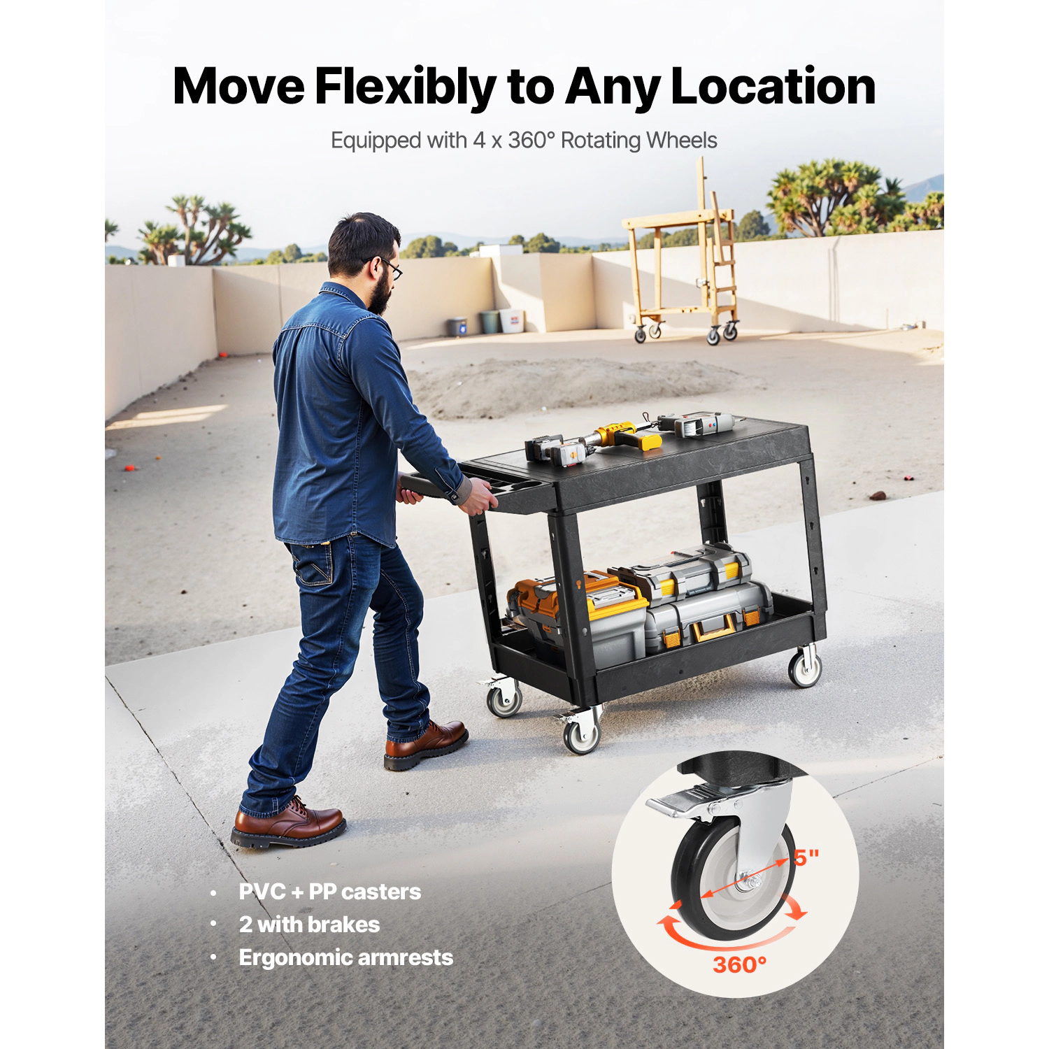 HONGGE Utility Cart 550 lbs Load Capacity Service Cart Two-Shelf Heavy Duty Plastic Utility Cart with 360° Swivel