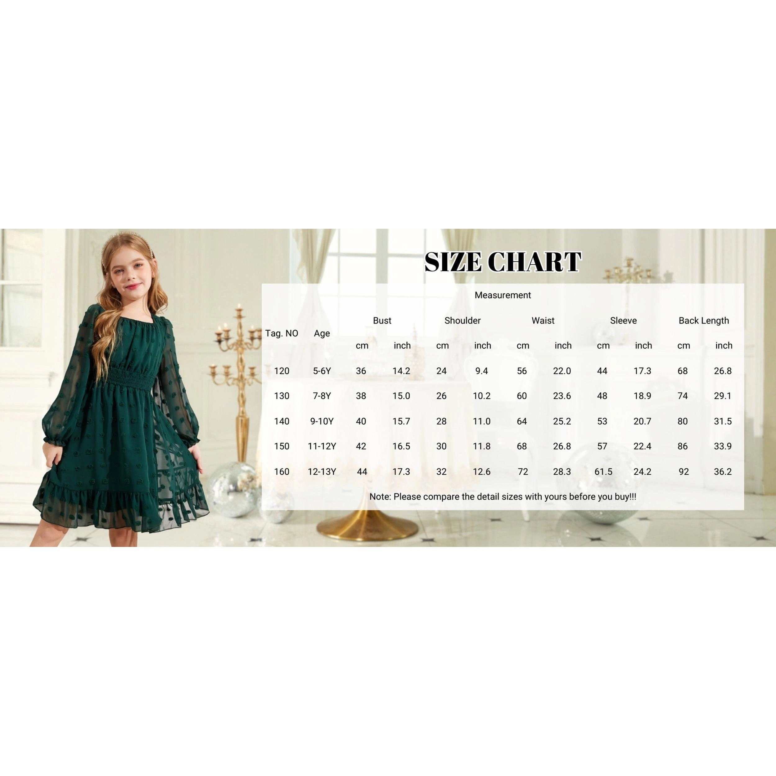 Arshiner Girls A-Line Dresses Chiffon Long Sleeve Square Neck Swiss Dot Flowy Casual Party Dress