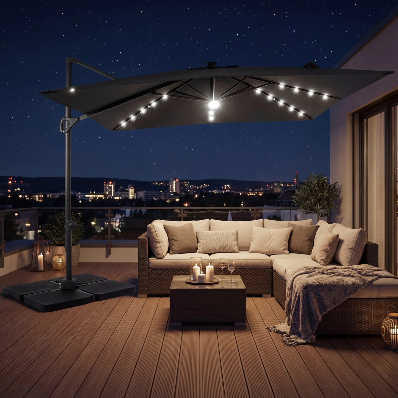 SUGIFT Gray 32 Solar LED Lights and 220 LB Base 10 FT Square Cantilever Patio Umbrella