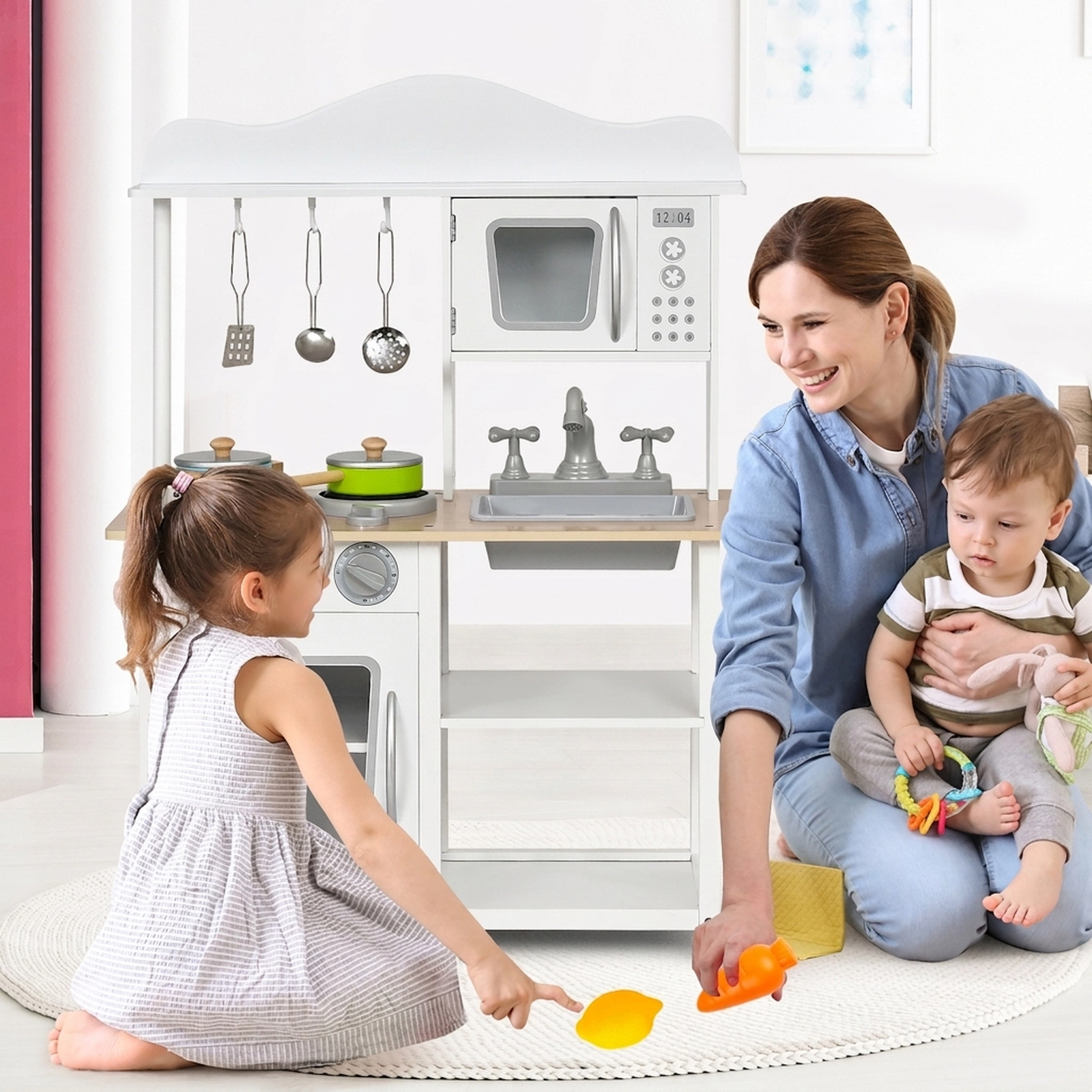 Wooden Pretend Play Kitchen Set for Kids Sink Oven Clicking Stove Knobs 2-Tier Shelf 23.5-in x 12-in x 32.5-in White