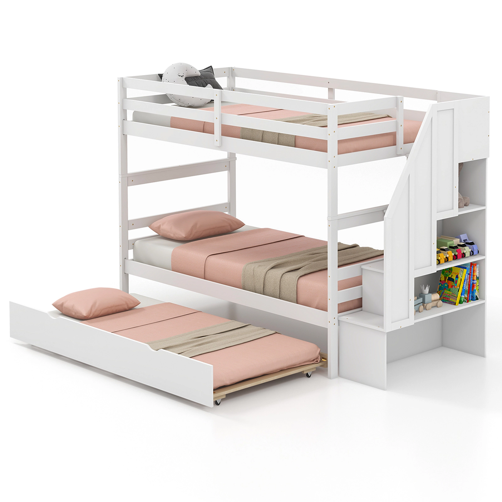 SUGIFT White 4-Step Storage Stairs Trundle and Guardrail Kids Wood Bunk Bed