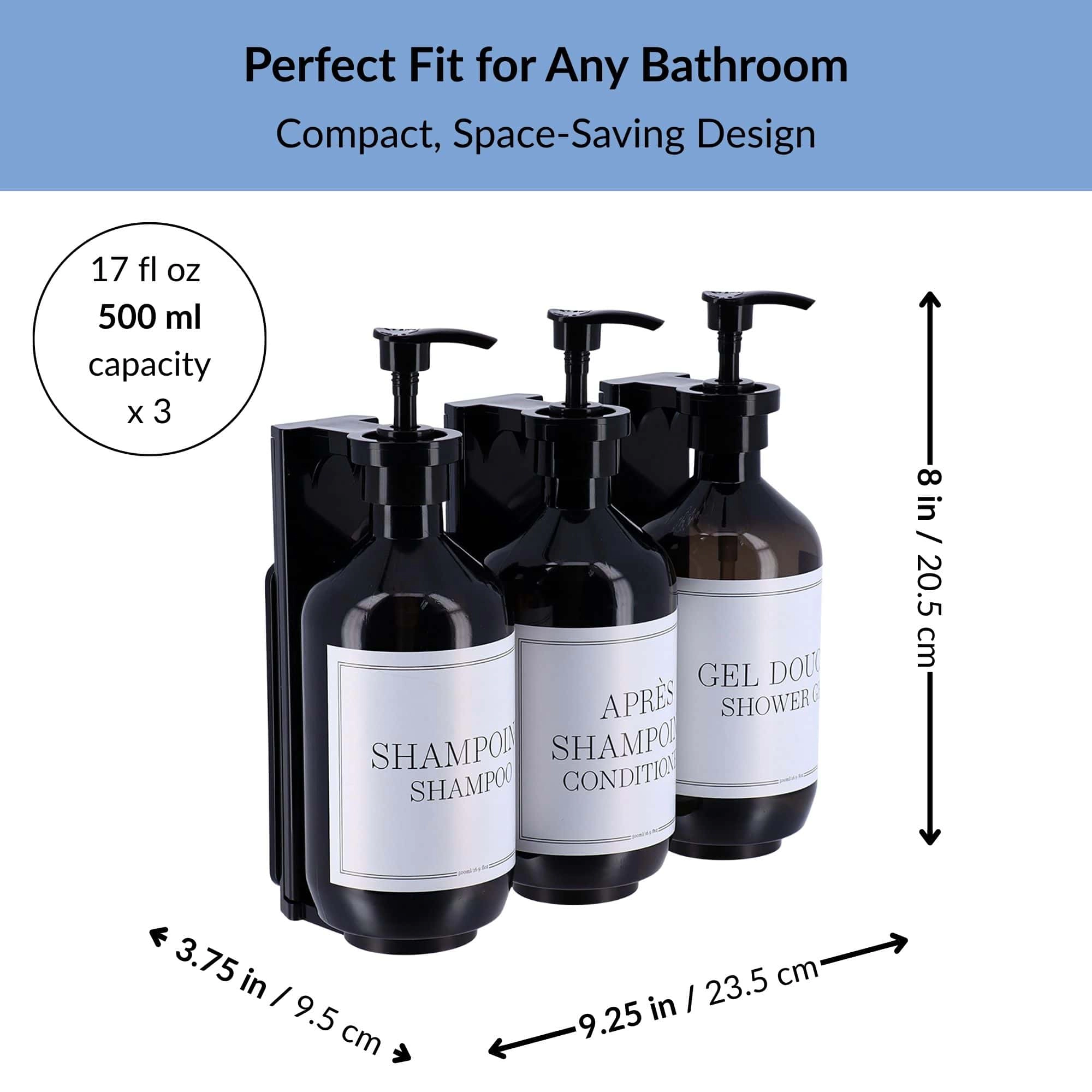 Evideco French Home Goods 3-Pack Matte Black Wall-Mounted Refillable Shower Dispenser
