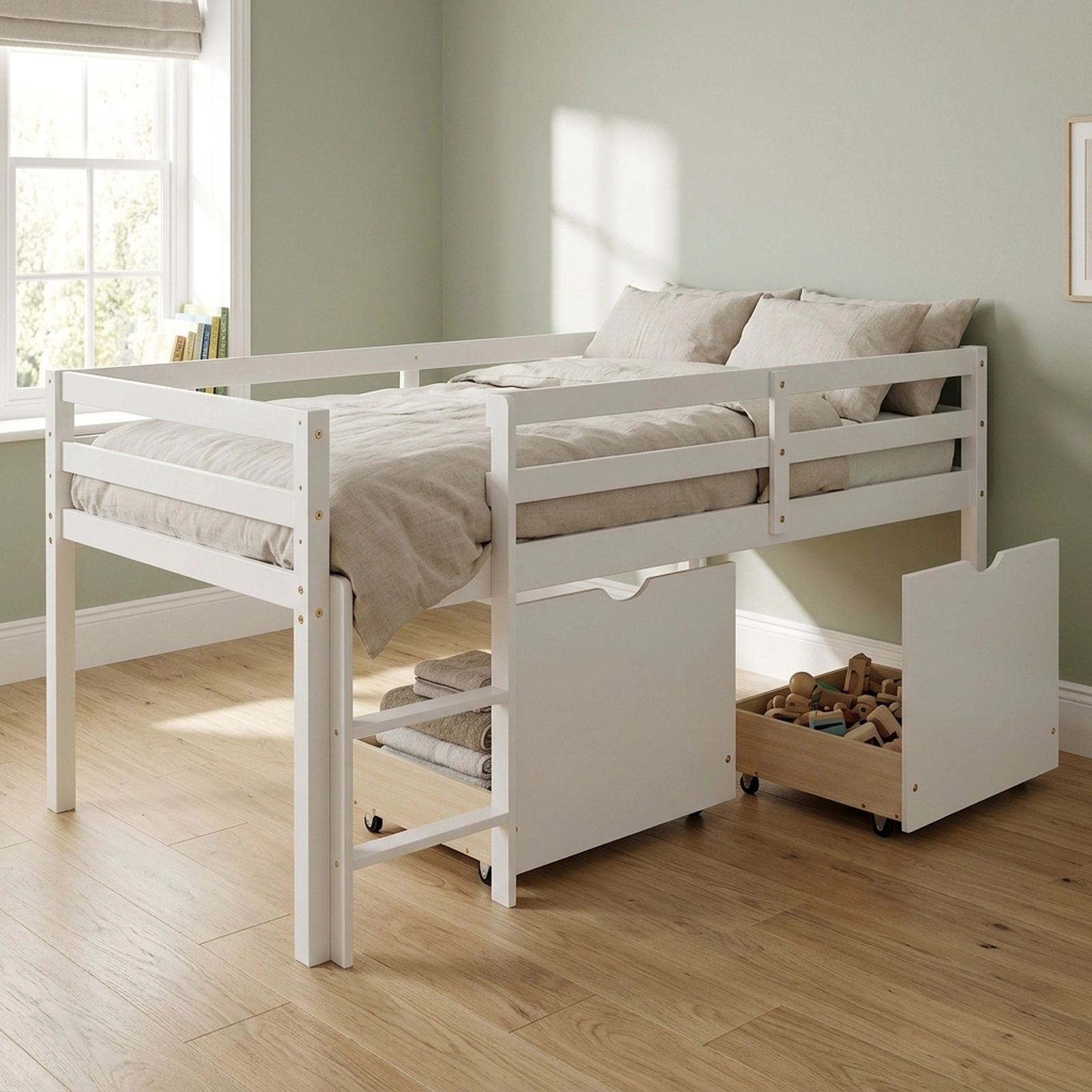 Twin Size Low Loft Bed with 3 Rolling Storage Drawers Solid Pine Wood Kids Bed with Integrated Ladder White