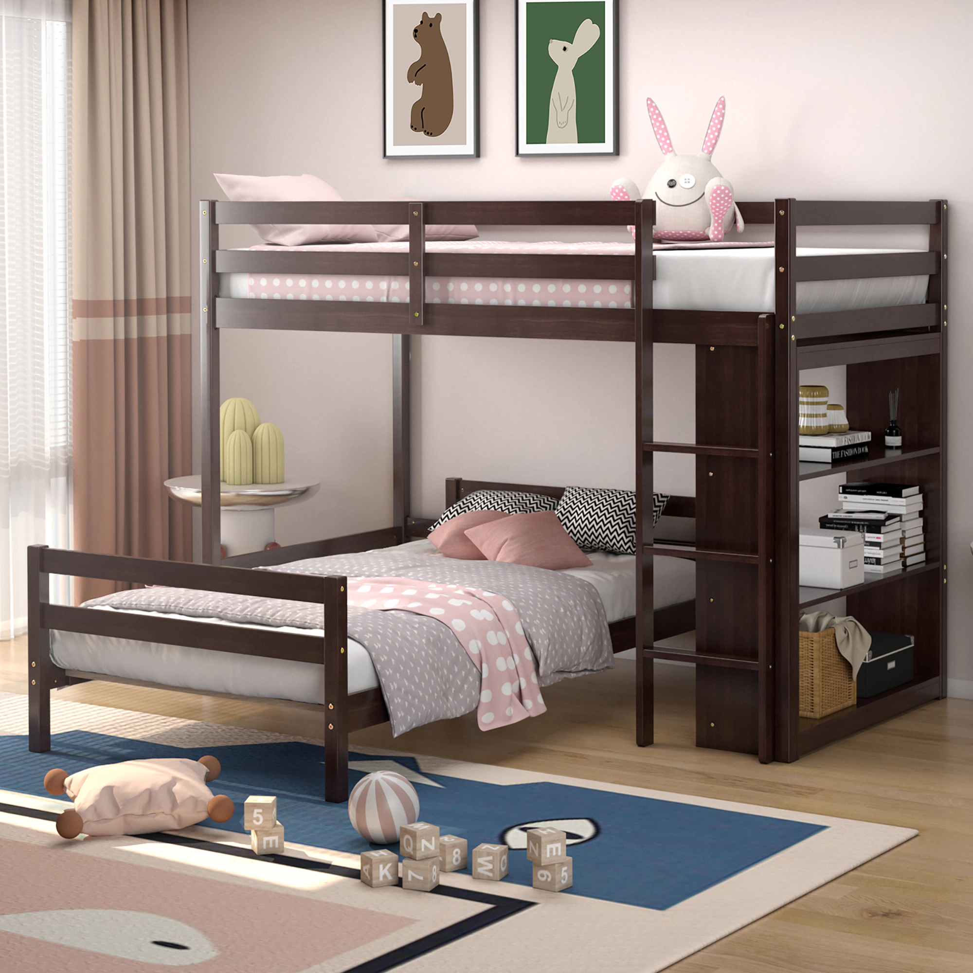 Costway Twin Over Loft Bunk Bed Wood w/Bookcase Guardrail Ladder Kids Bedroom