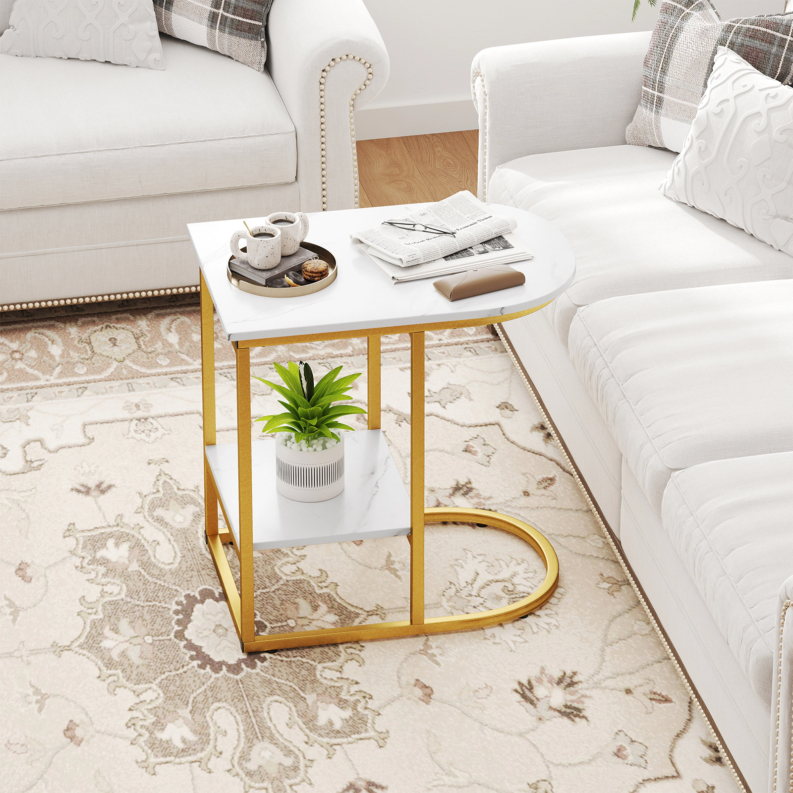 SUGIFT Faux Marble Top and Storage Shelf White C-Shaped Sofa Side Table