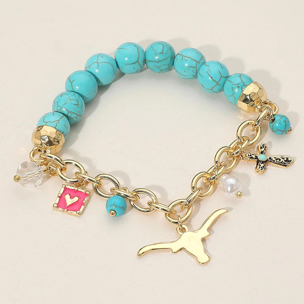 Fashnzfab Secret Box_Western Steer Head Cross Heart Pearl Charm Beaded Stretch Bracelet