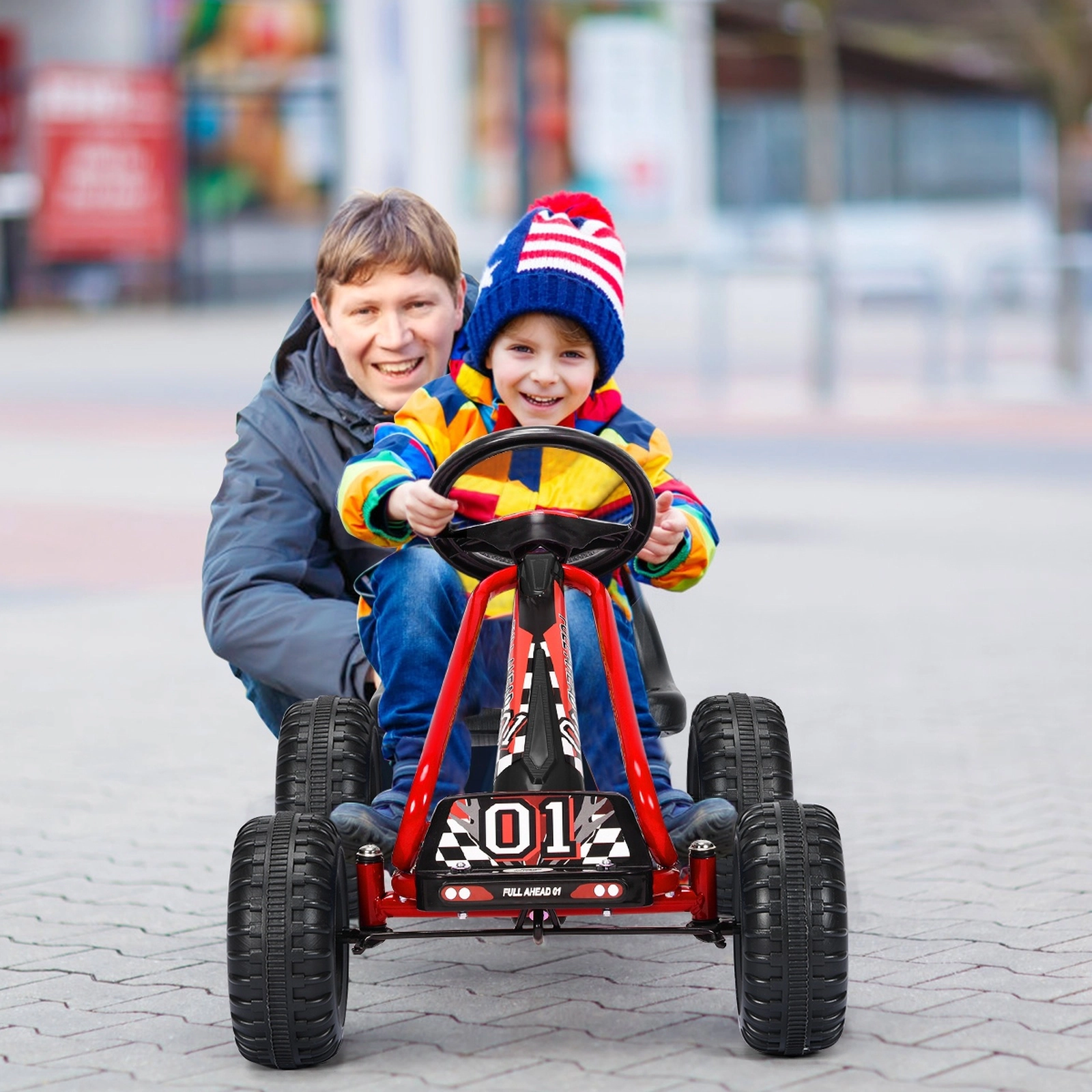 Kids Pedal Go Kart 4-Wheel Ride on Adjustable Seat Steering Wheel Hand Brake No Battery Needed Ages 3-6 66-lb Capacity