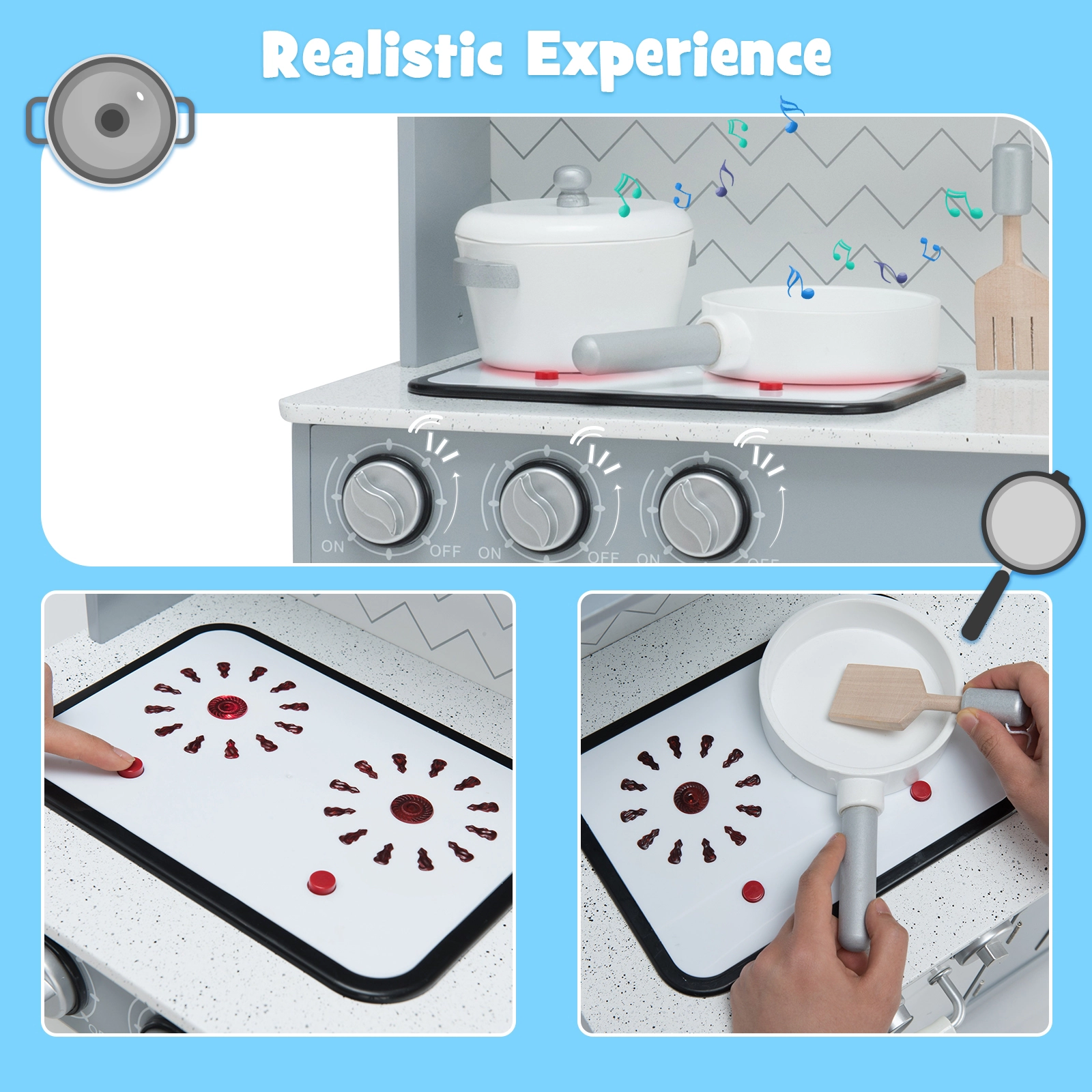 SUGIFT Realistic Pretend Play Kitchen Toy Set with Light and Sound For Kids Over 3 Years White and Gray