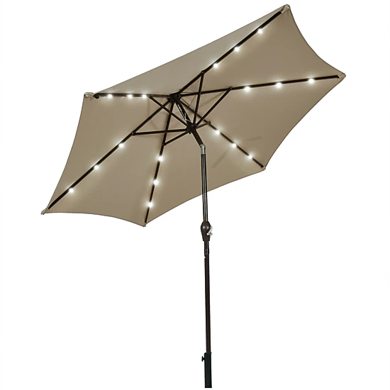 SUGIFT 9-ft Blue Solar LED Market Patio Umbrella with Push Button Tilt Crank Lift and 6 Ribs 8-ft H