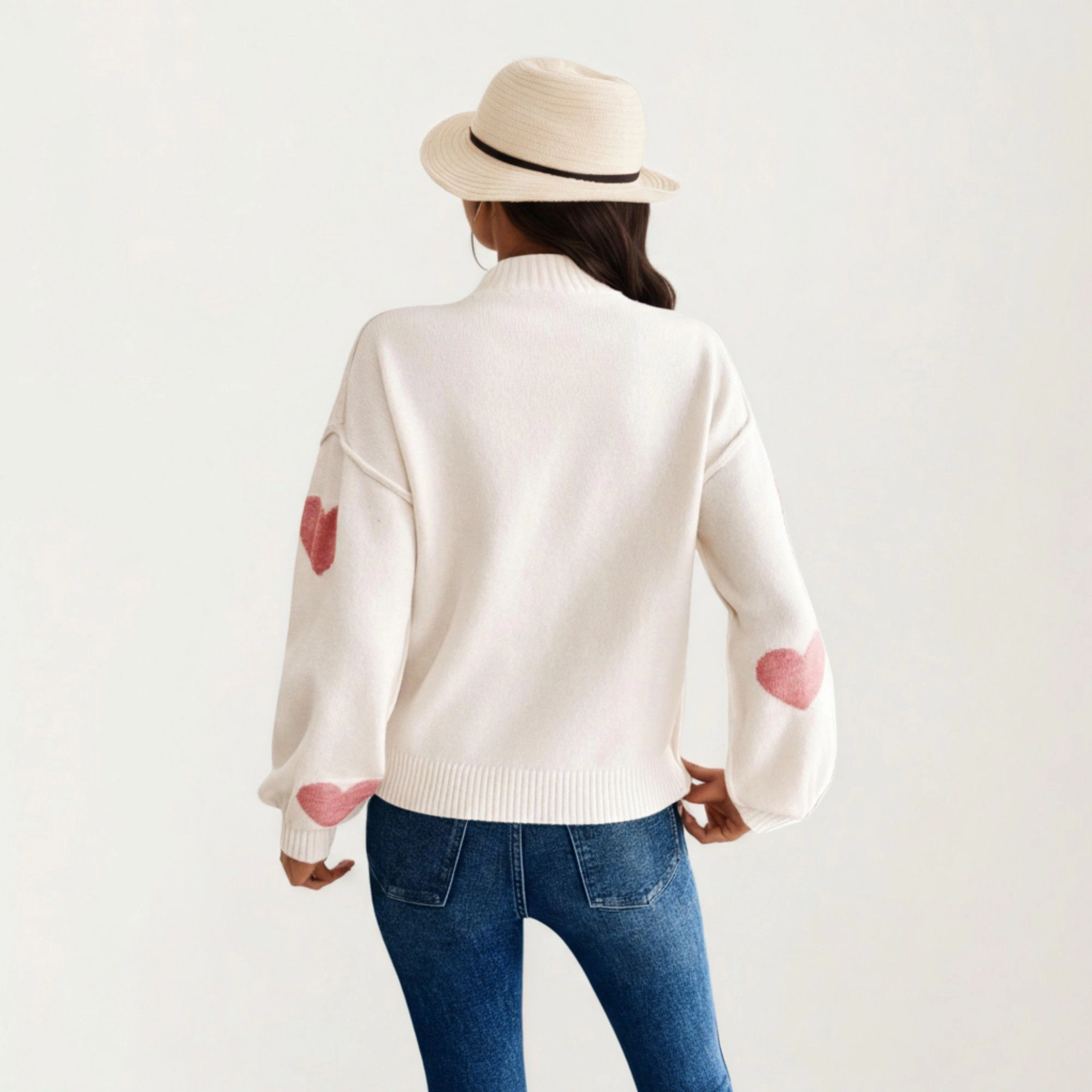 Anna-Kaci Women's Long Sleeve Valentine Knit Sweater with Heart Pattern and Ribbed Trim