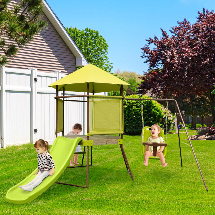 Hivvago 4-in-1 Swing Set with Covered Playhouse Fort and Height Adjustable Baby Seat