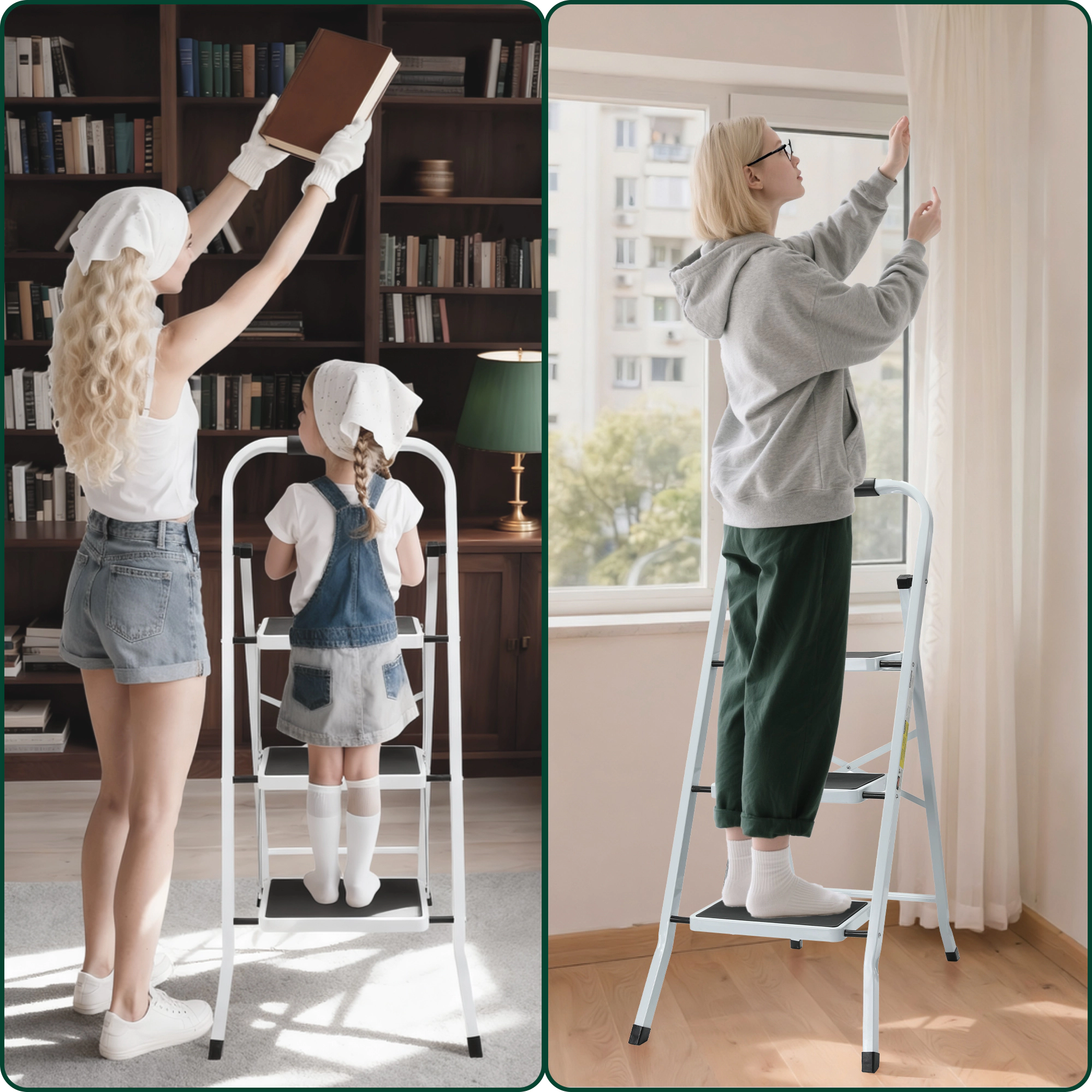 Flynama 3 Step Ladder- 330lb Capacity Steel Foldable Step Stool (White)