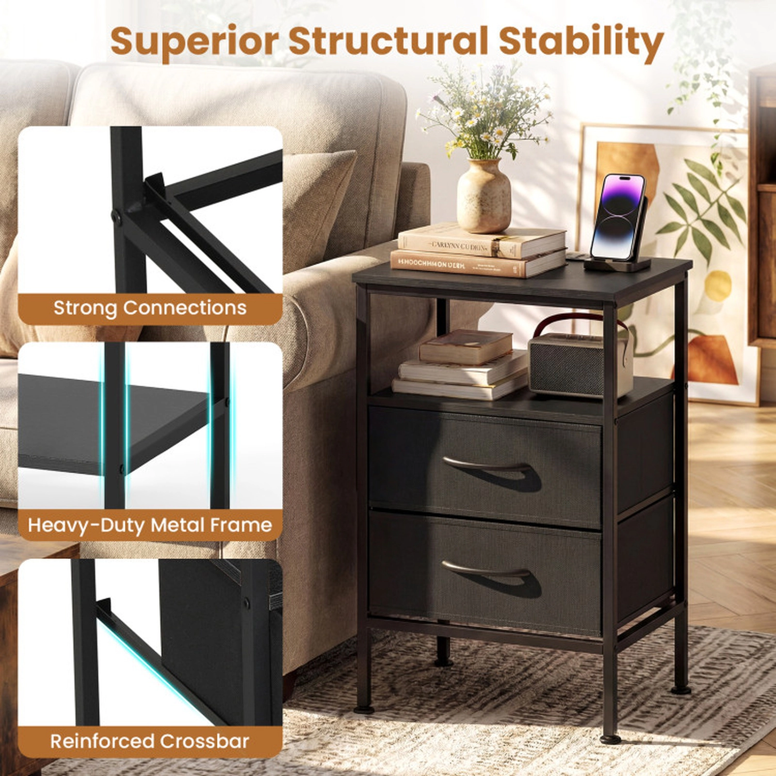 SUGIFT Charging Station 2 Fabric Drawers and Open Compartment 24.5 Inch Nightstand