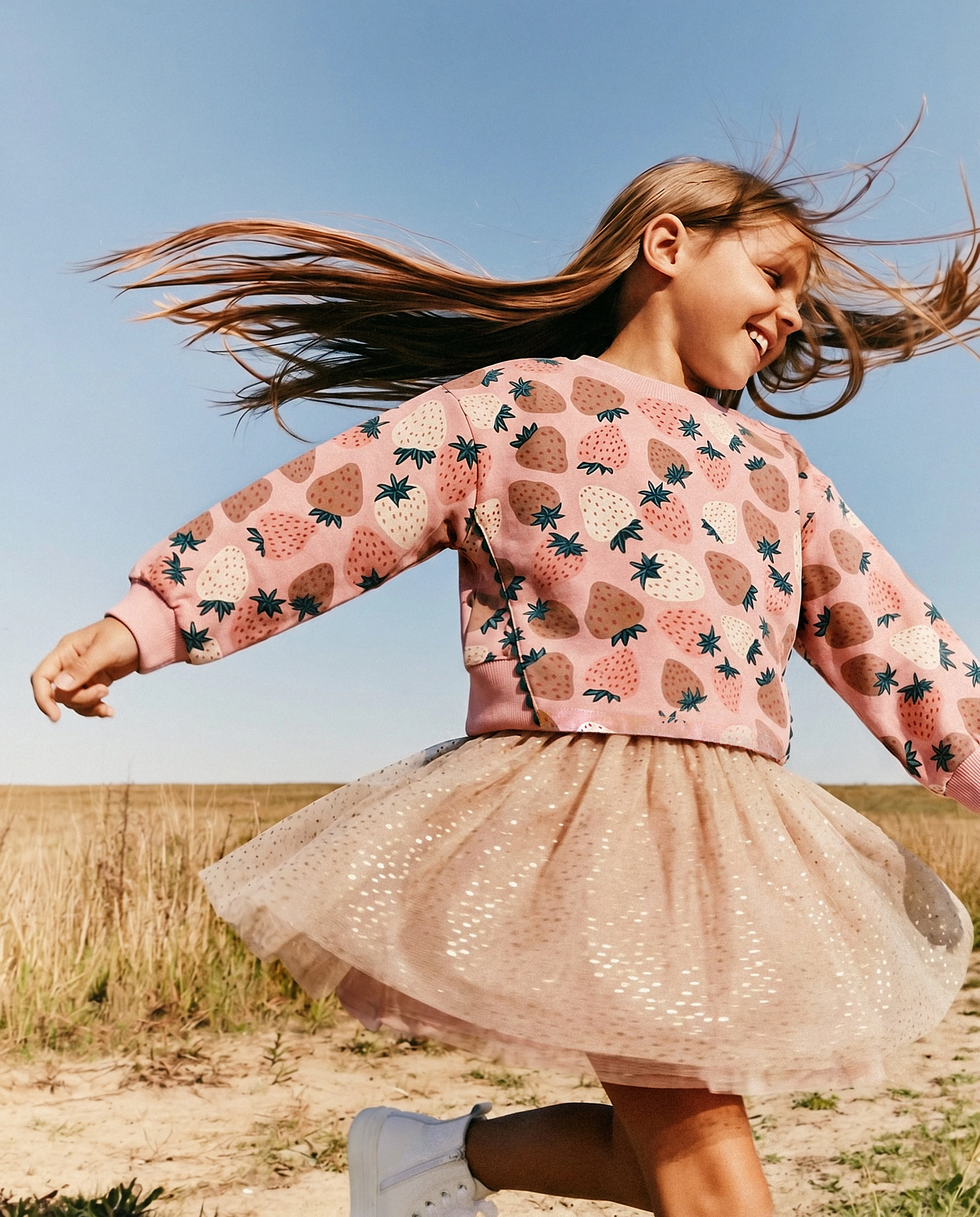 Deux par Girls Strawberry Print Sparkle Mesh Bi-Material Dress
