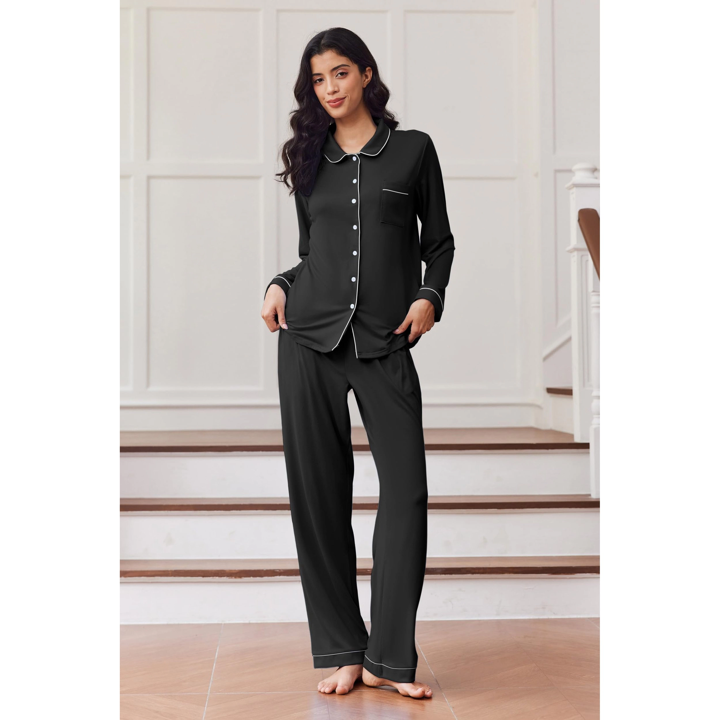 Ekouaer Womens Pajama Sets Classic Long Sleeve Button Down Sleepwear Soft Pajamas Lounge