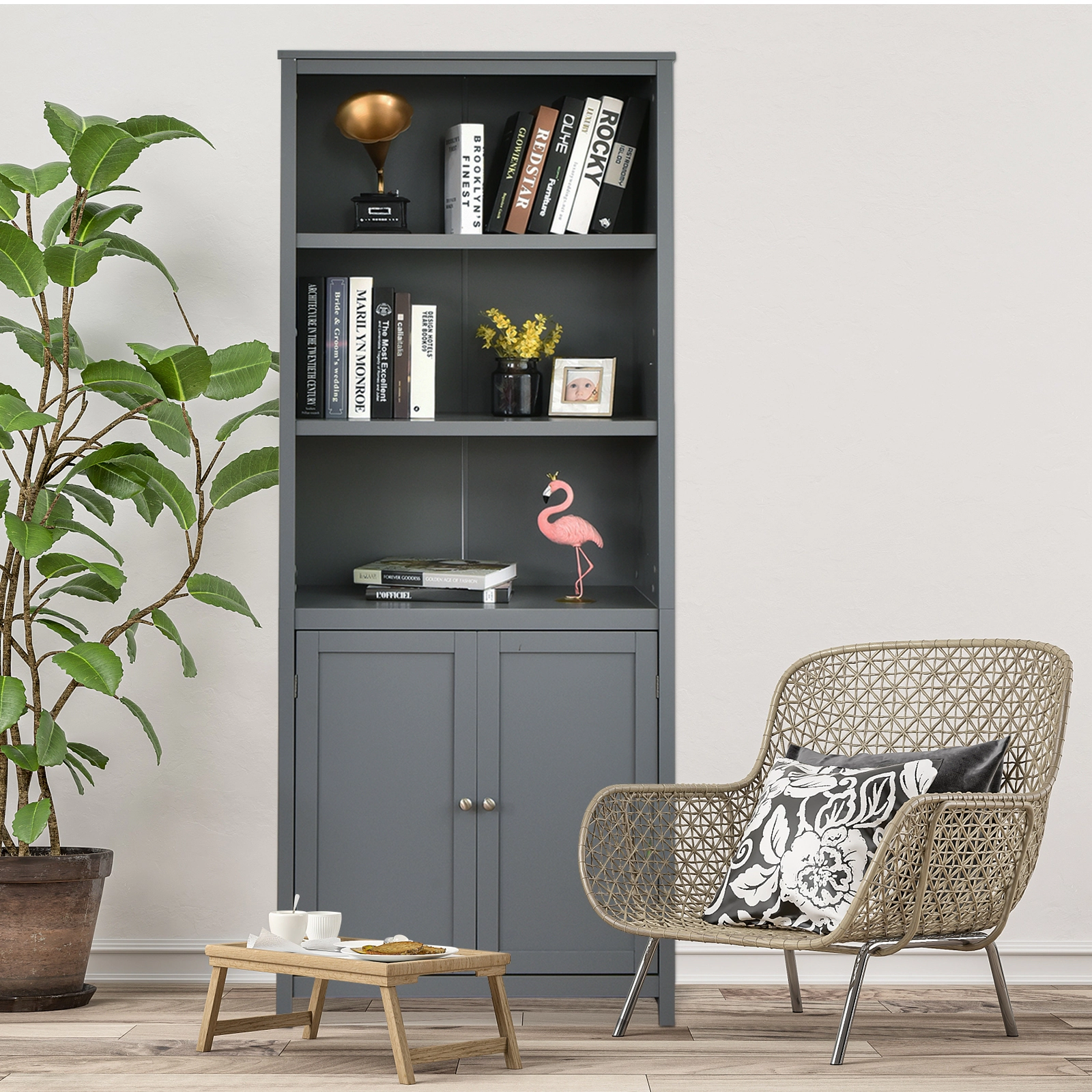 SUGIFT Gray 72 in Bookcase with 3 Open Shelves and Bottom Storage Cabinet