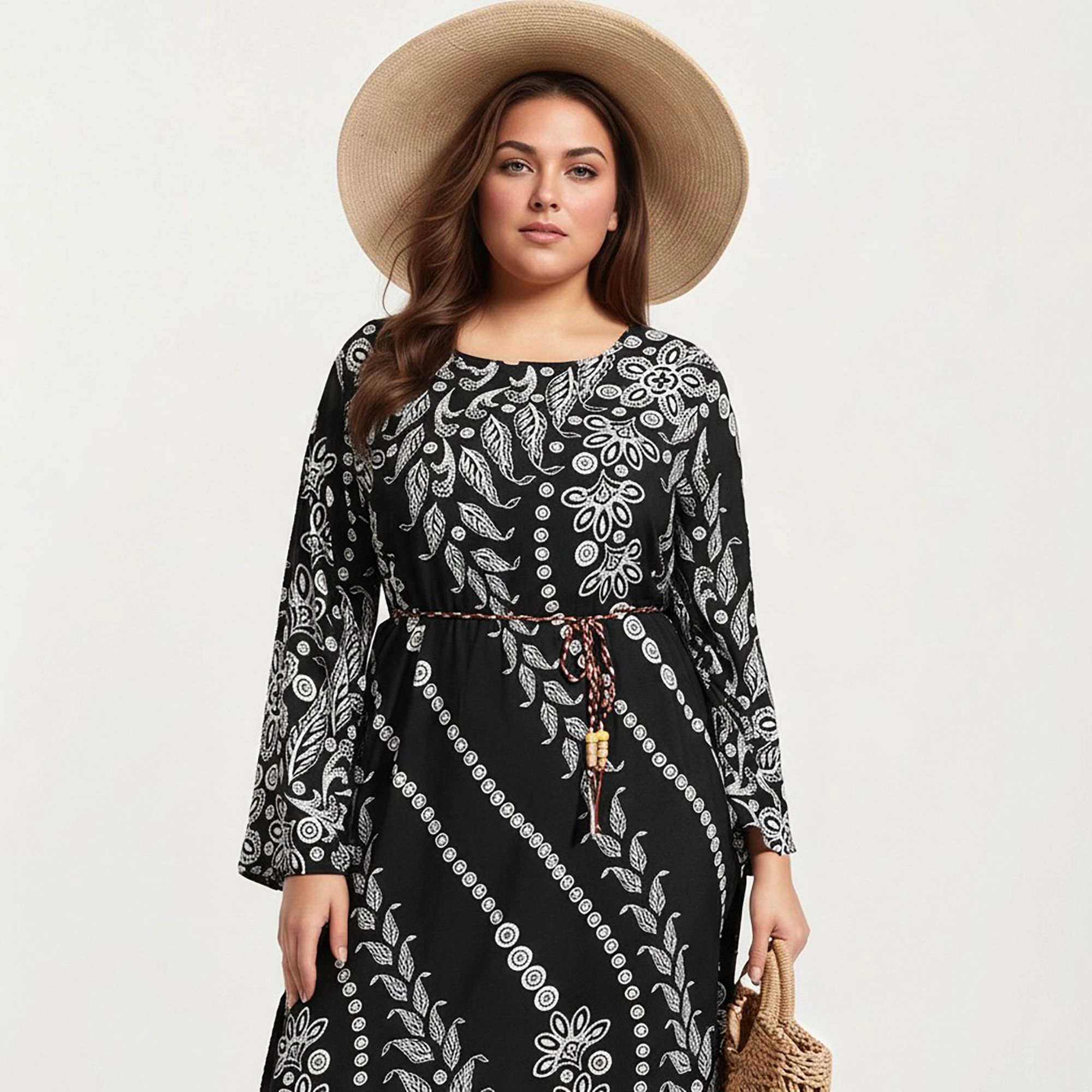 Anna-Kaci Women's Plus Paisley Print Long Sleeve Round Neck Adjustable Waist Tie Midi Dress