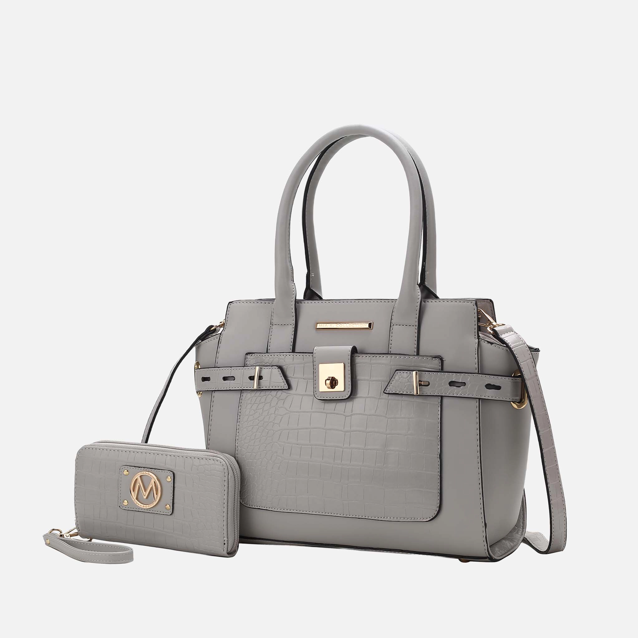 Mia K Collection Isla Satchel Bag - Vegan Leather Satchel with Croc-Embossed Detail and Matching Wallet