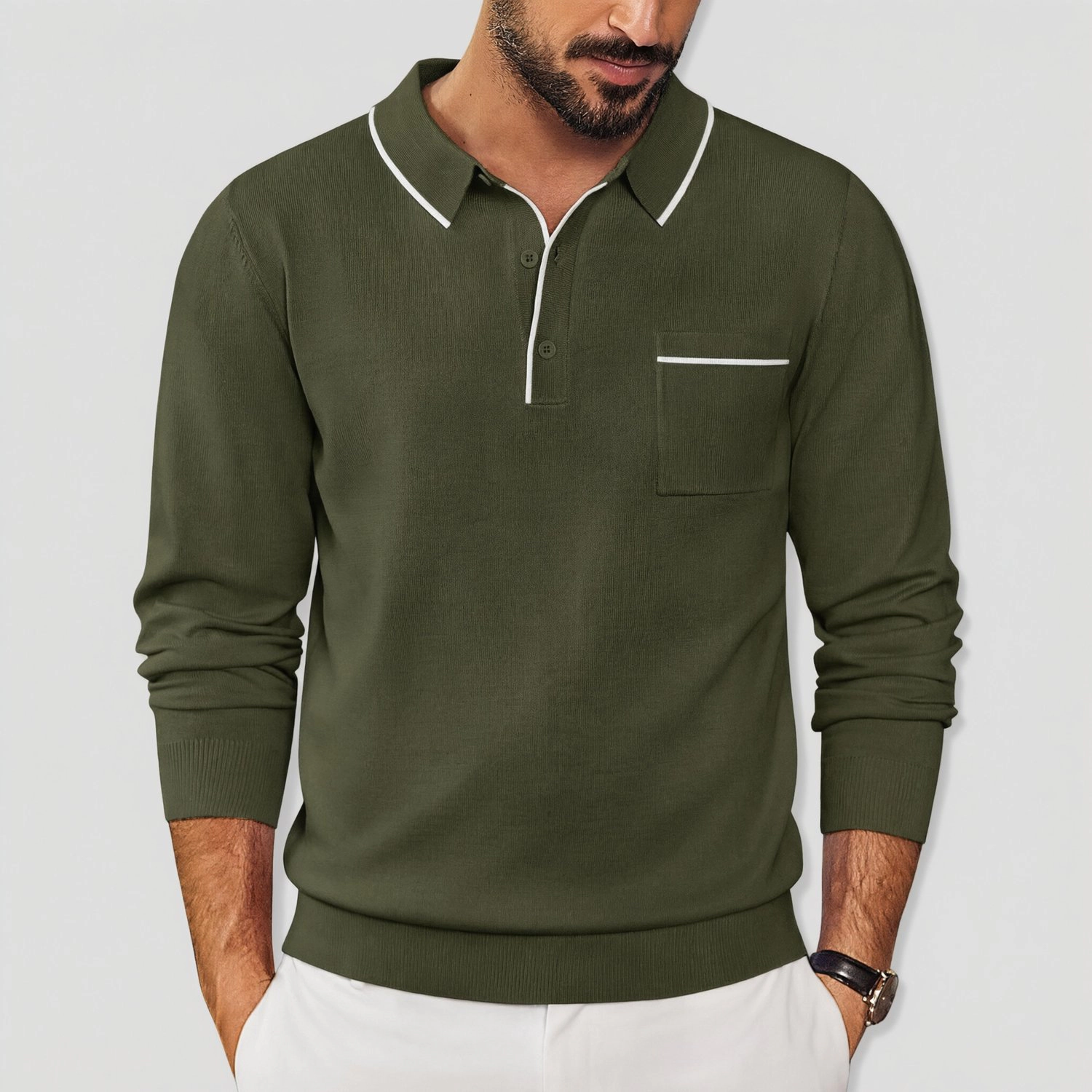 COOFANDY Contrast Piping Long Sleeve Polo Shirt Chest Pocket Casual Fall Tops