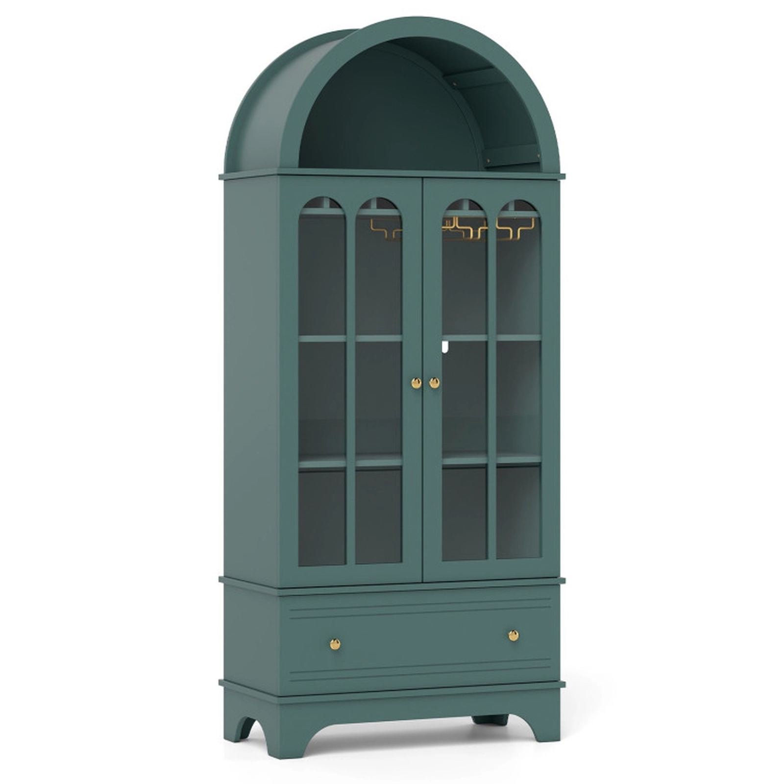 SUGIFT 71.5-in Arched Glass Doors 5-Tier Storage 6-Bottle Rack 3 Stemware Rails Wine Cabinet 30.5-in x 16-in Green