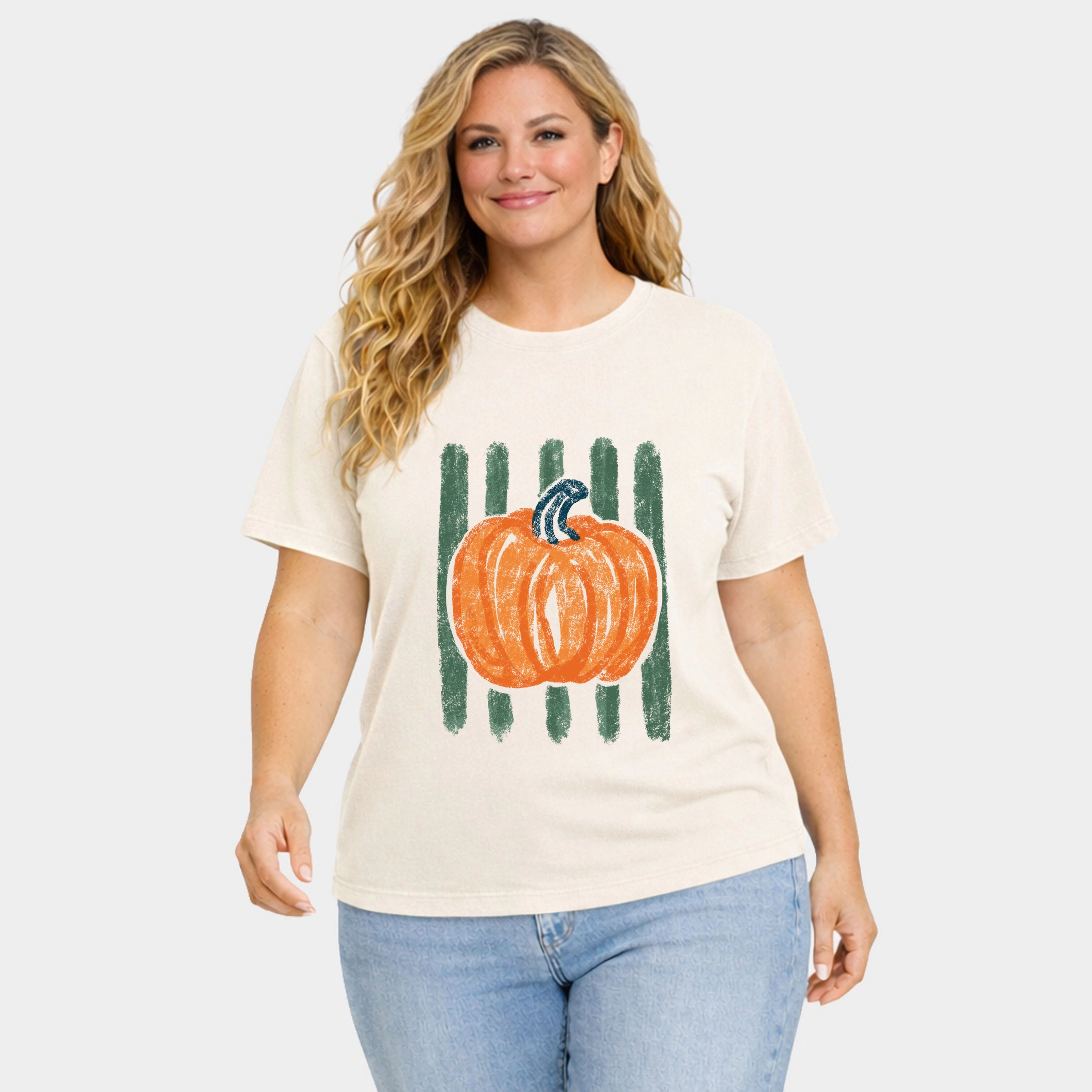 Simply Sage Market - Women's Plus Sized Garment Dyed Graphic T-Shirt Distressed Pumpkin Stripes