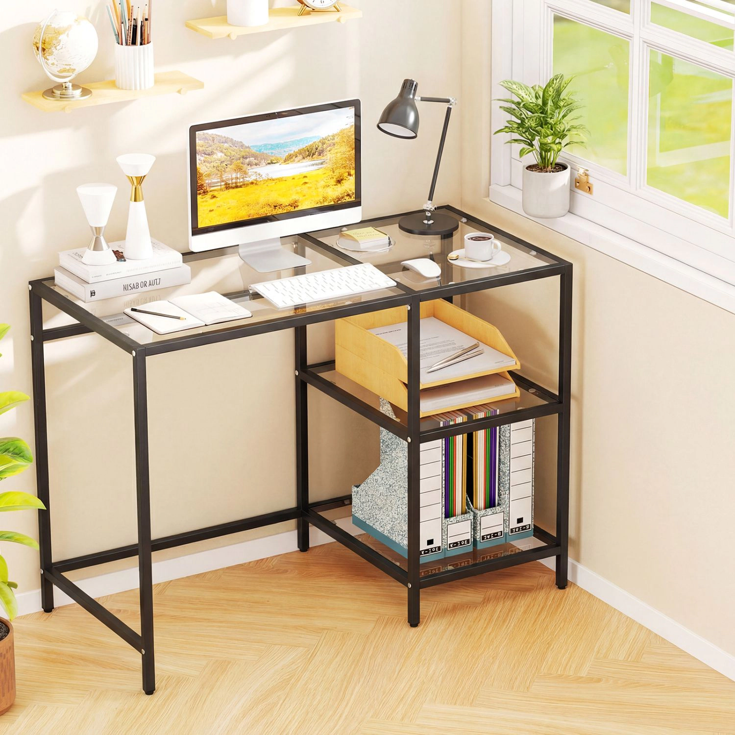 SlickBlue 42 Inch Glass Console Table with 2 Tier Storage Shelves