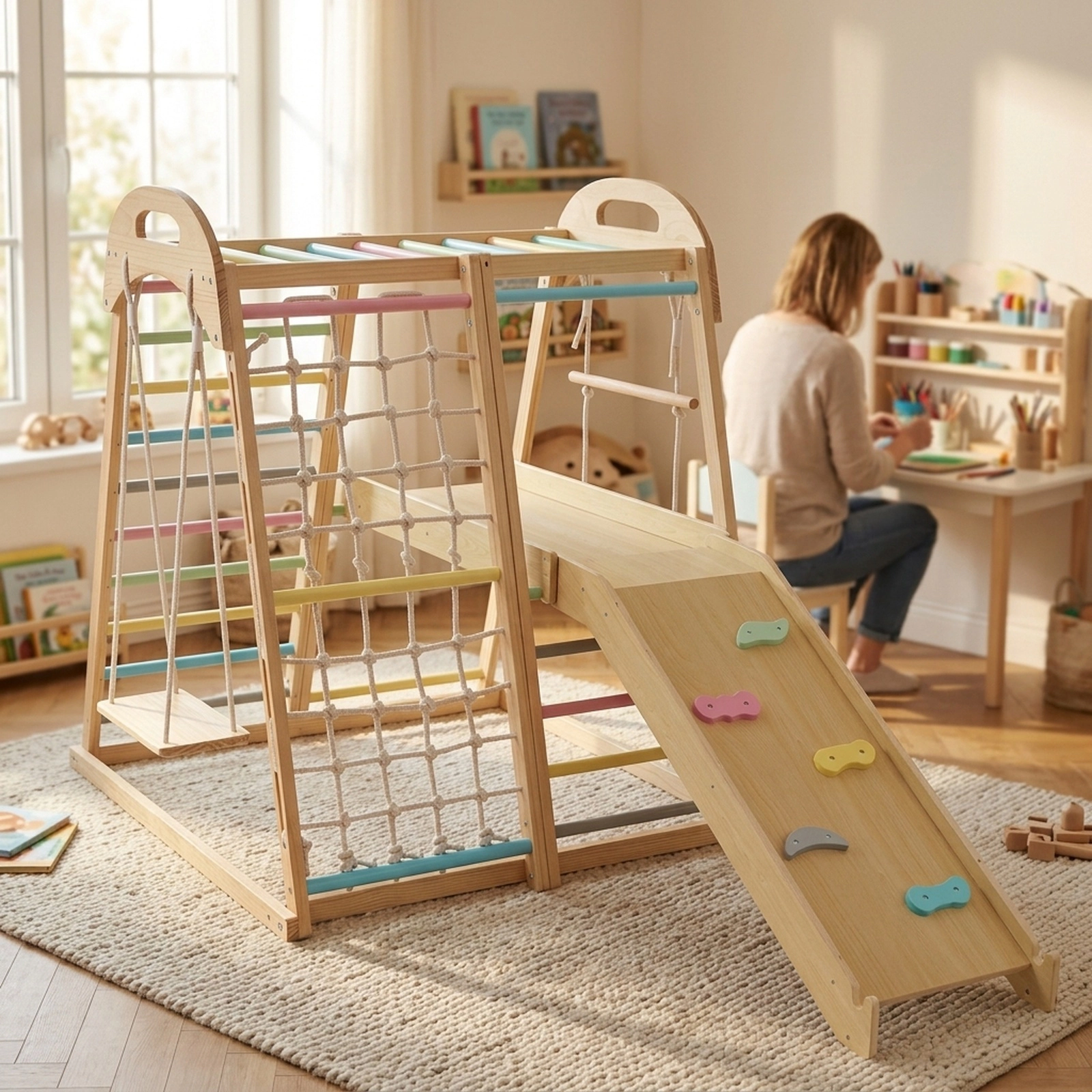 8-in-1 Multicolor Wooden Jungle Gym Kids Climber Height-Adjustable Ramp Rope Swing Monkey Bars 110-lb Ages 3-5