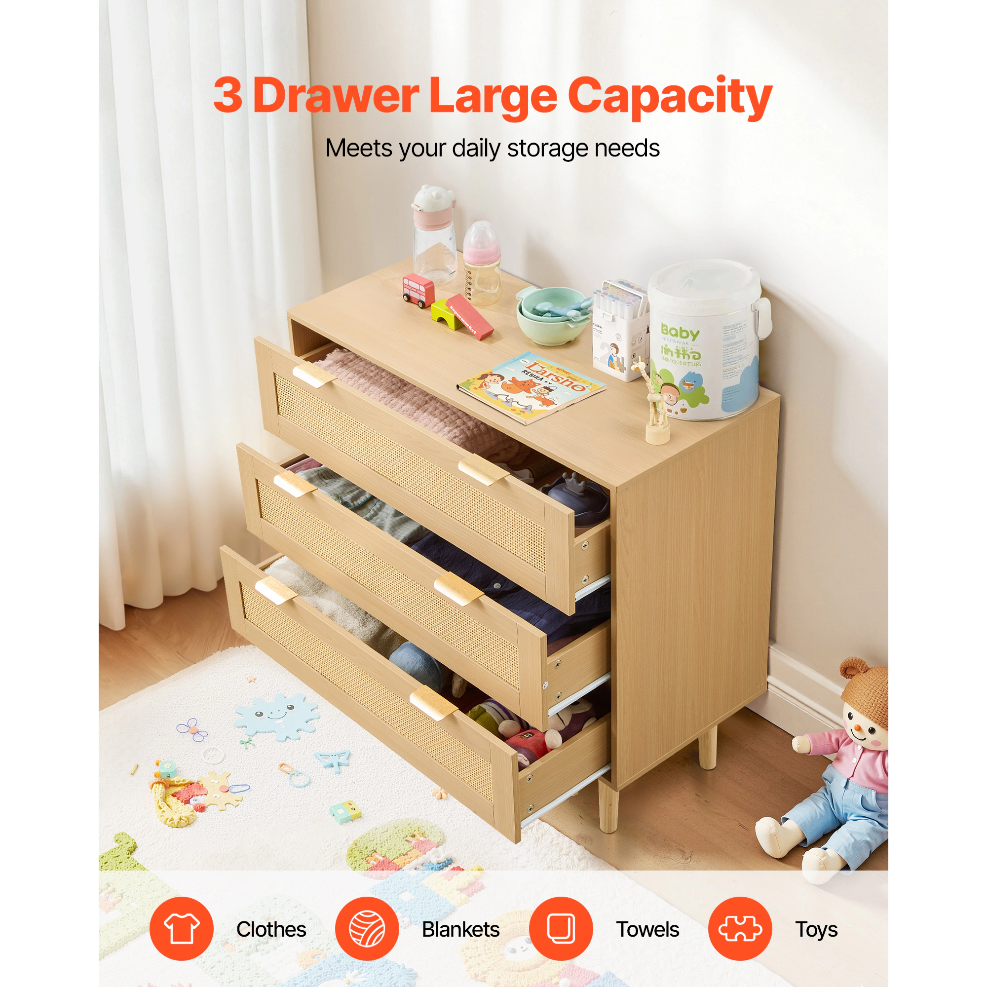 HONGGE Rattan Dresser Modern Closet Dresser for Bedroom Natural Rattan Chest of Drawers with Metal Handles & Wooden