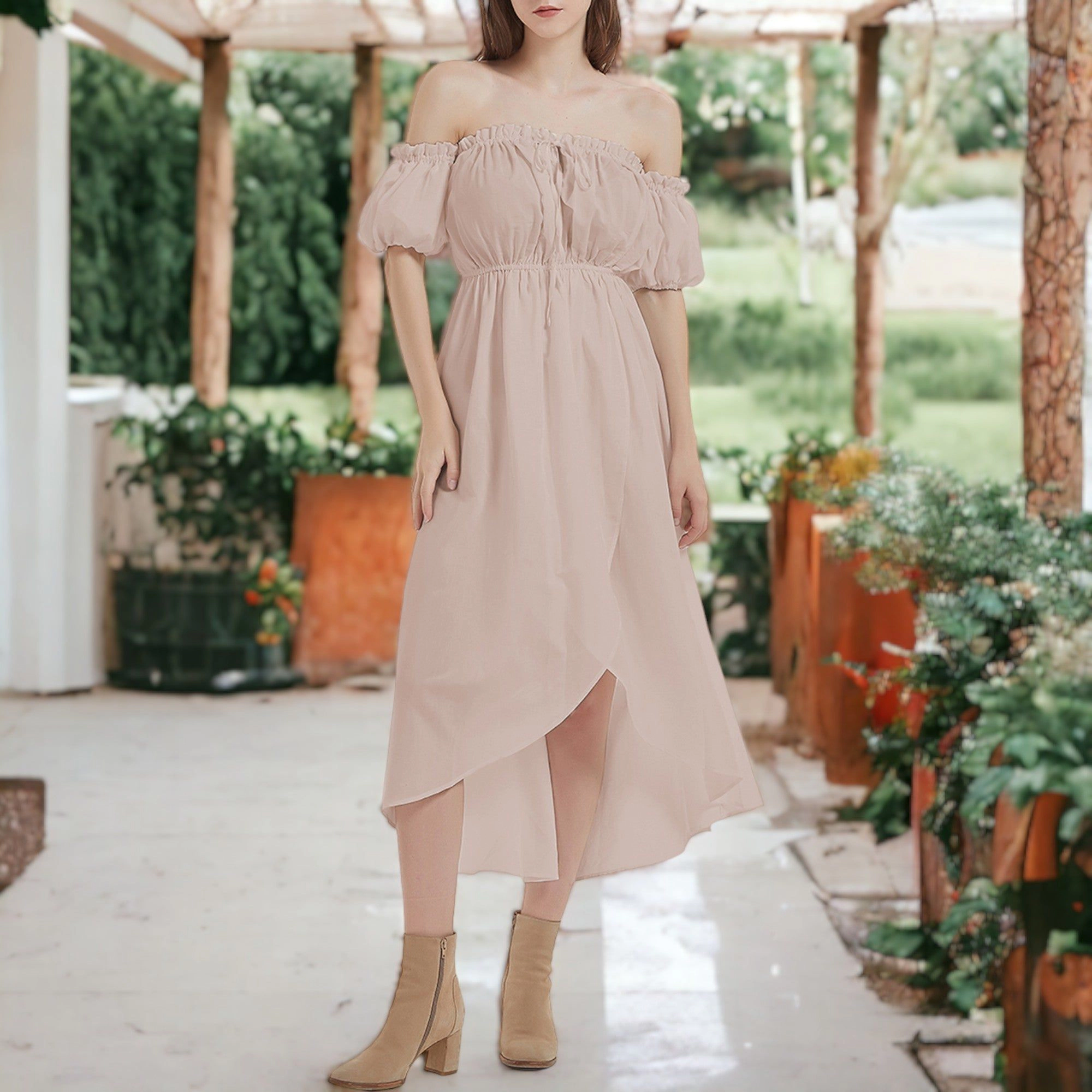 Anna-Kaci Women's Casual Boho Lantern Sleeve Off-Shoulder Midi Dress