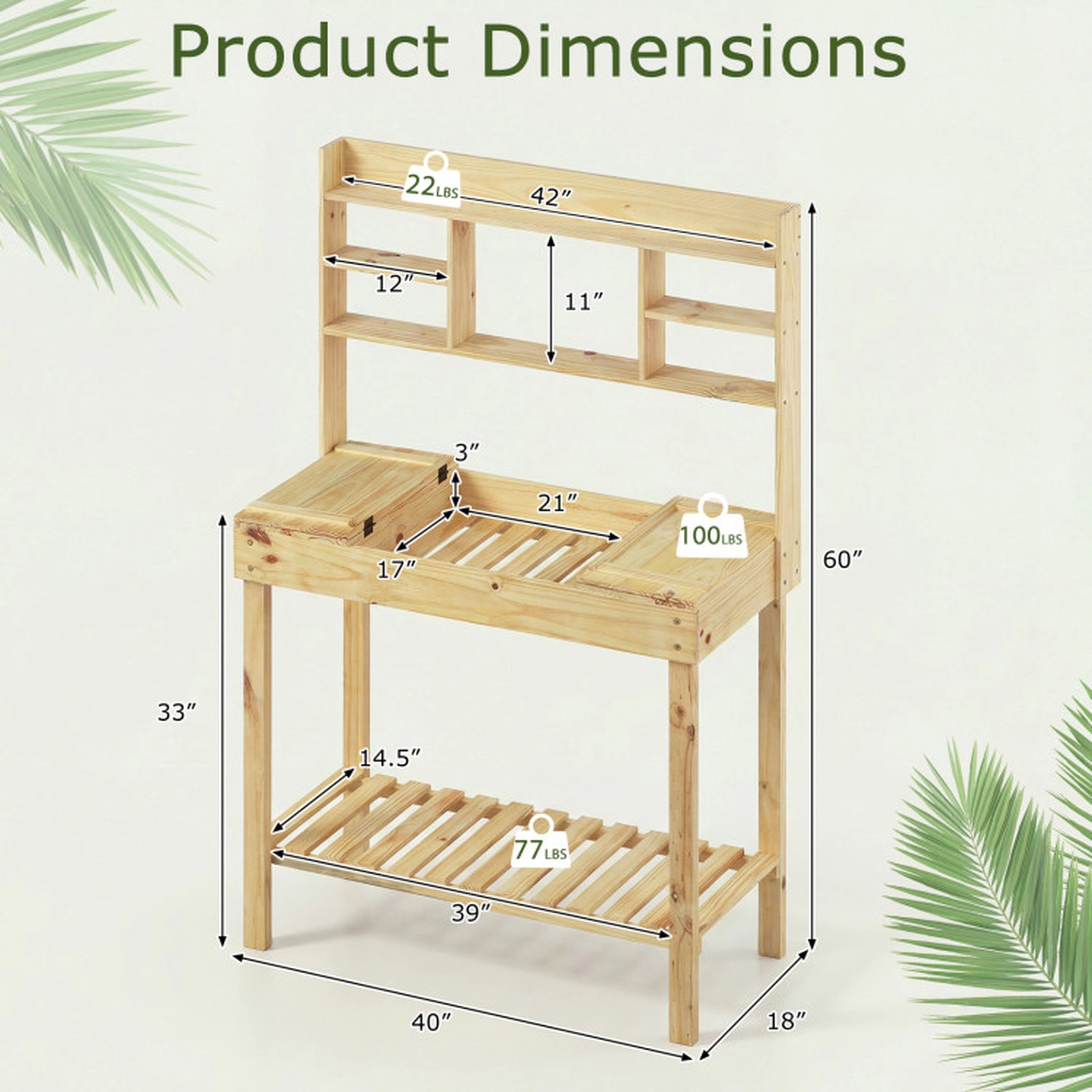 SUGIFT 100-lb Capacity 60-in Natural Wooden Potting Bench Table with 3-Tier Shelf and Flip-Up Top