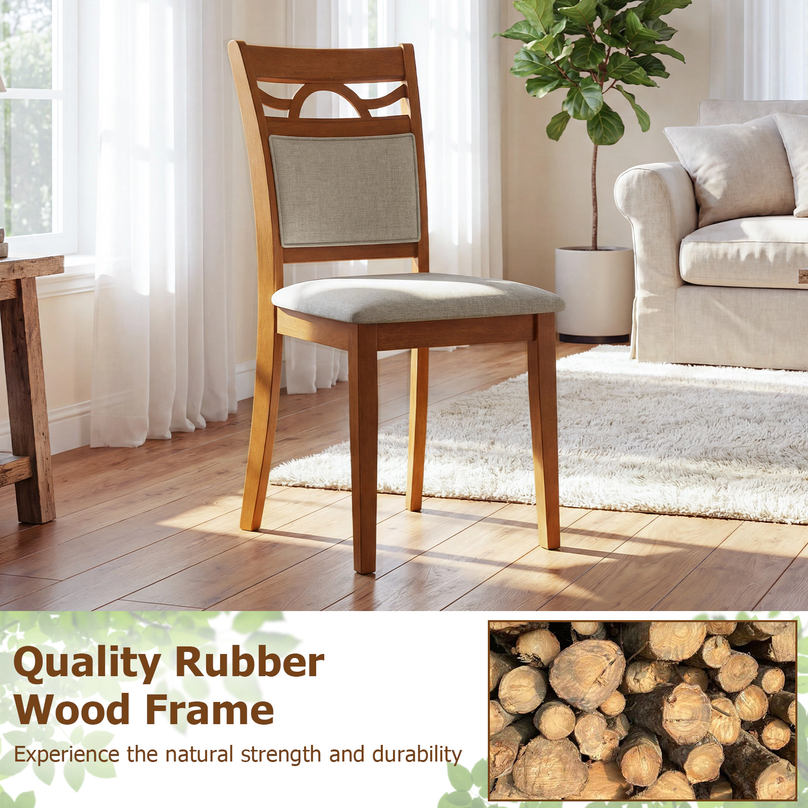 SUGIFT Brown Padded Backrest Polyester Upholstered Rubber Wood Frame Set of 2 Dining Chairs