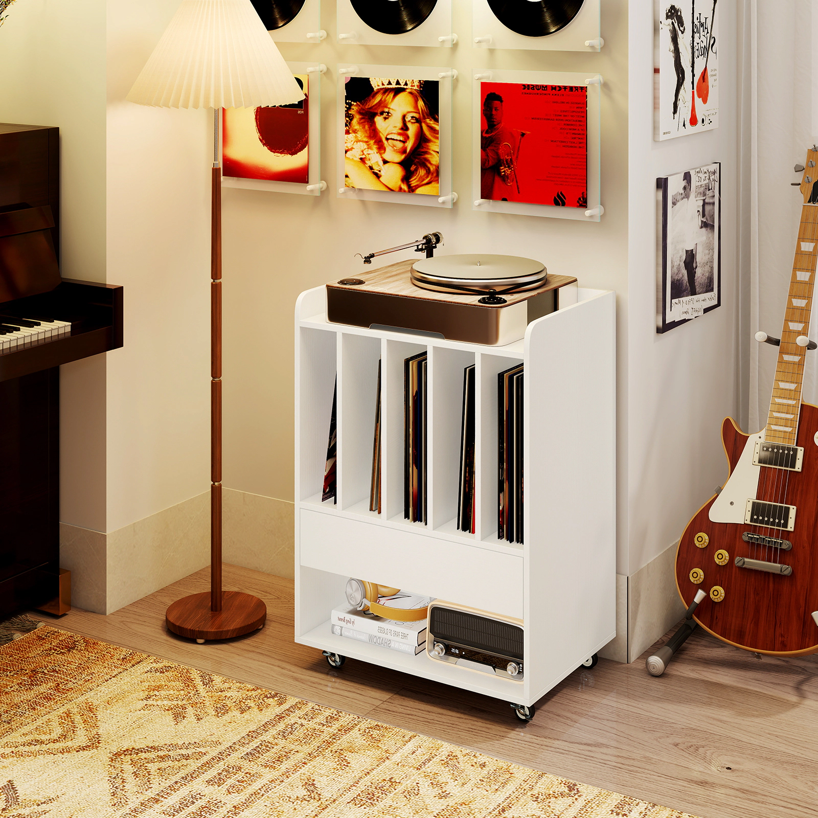 SUGIFT Record Player Turntable Stand with Drawer and Record Holder 66-lb Tabletop Capacity White